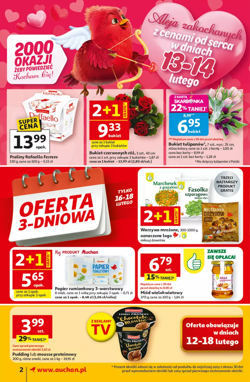 Gazetka promocyjna Auchan - 30 Lat Supermarket - ważna 12.02 do 18.02.2026 - strona 2 - produkty: Bukiet, Fa, Ferrero, Gra, Miód, Papier, Papier toaletowy, Praliny, Pudding, Rum, Tulipan, Warzywa
