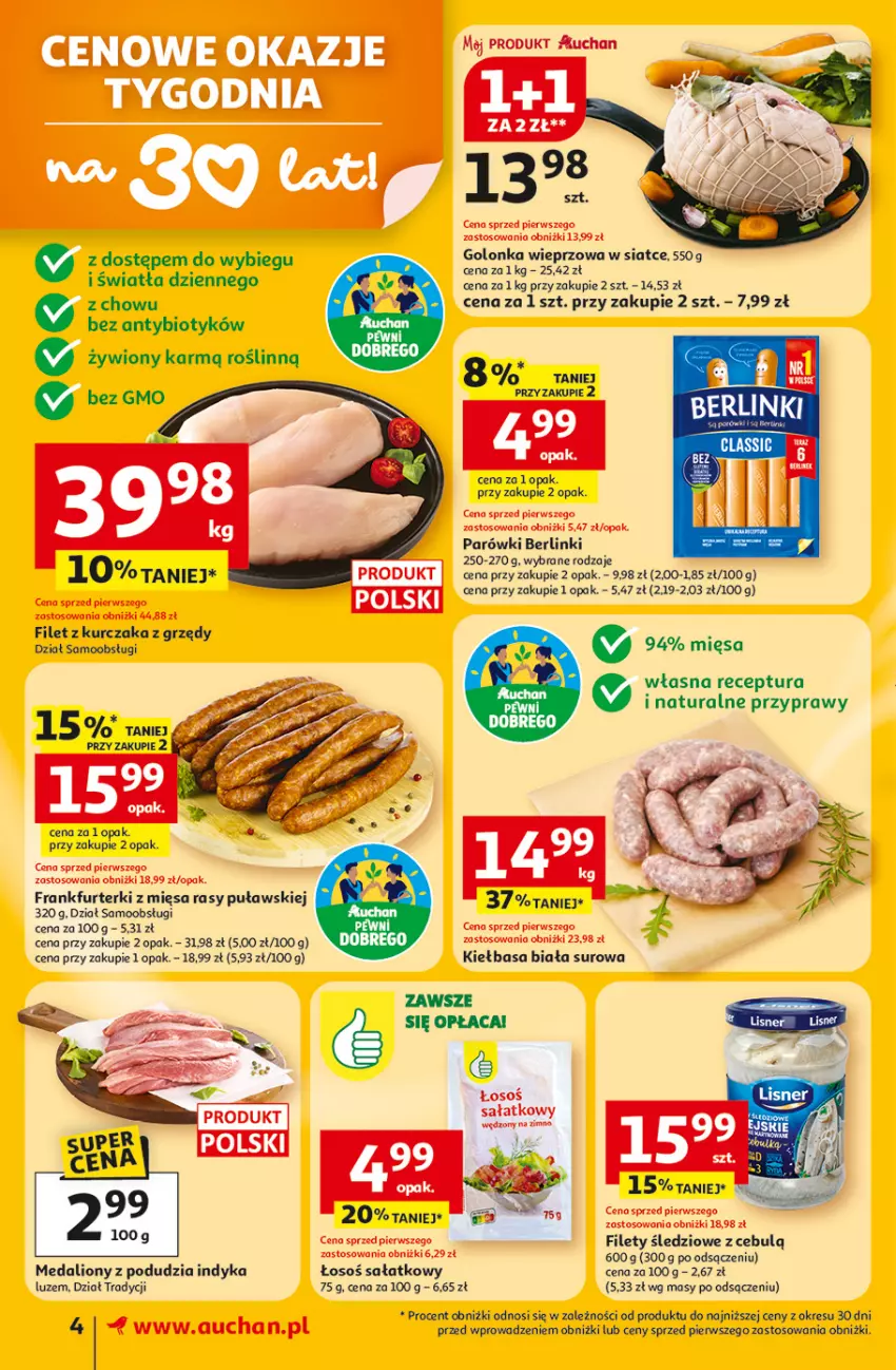 Gazetka promocyjna Auchan - 30 Lat Supermarket - ważna 12.02 do 18.02.2026 - strona 4 - produkty: Berlinki, Frankfurterki, Golonka wieprzowa, Kiełbasa, Kiełbasa biała, Kurczak, Lion, Parówki, Przyprawy, Sałat