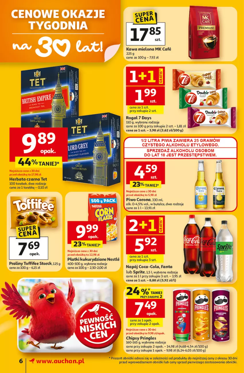 Gazetka promocyjna Auchan - 30 Lat Supermarket - ważna 12.02 do 18.02.2026 - strona 6 - produkty: 7 Days, Chipsy, Coca-Cola, Fa, Fanta, Herbata, Herbata czarna, Kawa, Kawa mielona, Napój, Piwo, Praliny, Pringles, Rogal, Sprite, Toffifee