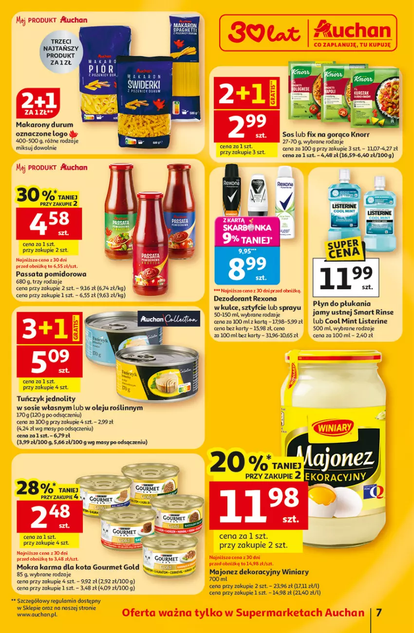 Gazetka promocyjna Auchan - 30 Lat Supermarket - ważna 12.02 do 18.02.2026 - strona 7 - produkty: Dezodorant, Gourmet Gold, Knorr, Listerine, Makaron, Mokra karma, Olej, Rexona, Rum, Sos, Spaghetti, Tuńczyk, Winiary