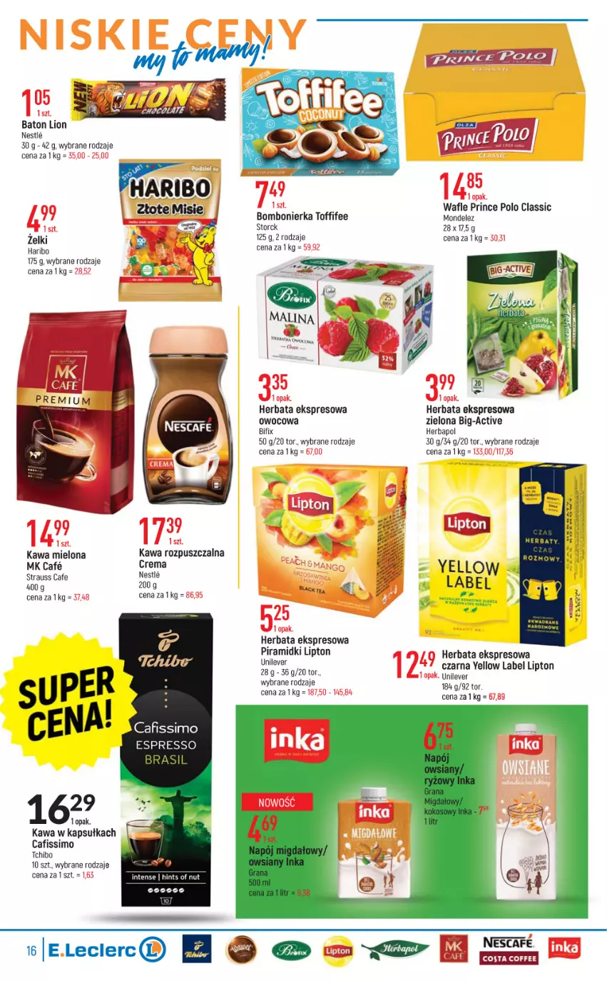 Gazetka promocyjna E Leclerc - ważna 04.05 do 14.05.2022 - strona 16 - produkty: Baton, Gra, Haribo, Herbapol, Herbata, Inka, Kawa, Kawa mielona, Kawa rozpuszczalna, Lion, Lipton, Napój, Prince Polo, Ryż, Tchibo, Toffifee, Wafle