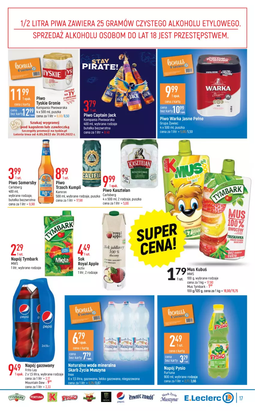 Gazetka promocyjna E Leclerc - ważna 04.05 do 14.05.2022 - strona 17 - produkty: Carlsberg, Kaki, Kasztelan, Kubuś, Mus, Napój, Napój gazowany, Pepsi, Piwo, Sok, Somersby, Szyna, Tymbark, Tyskie, Warka, Woda, Woda mineralna