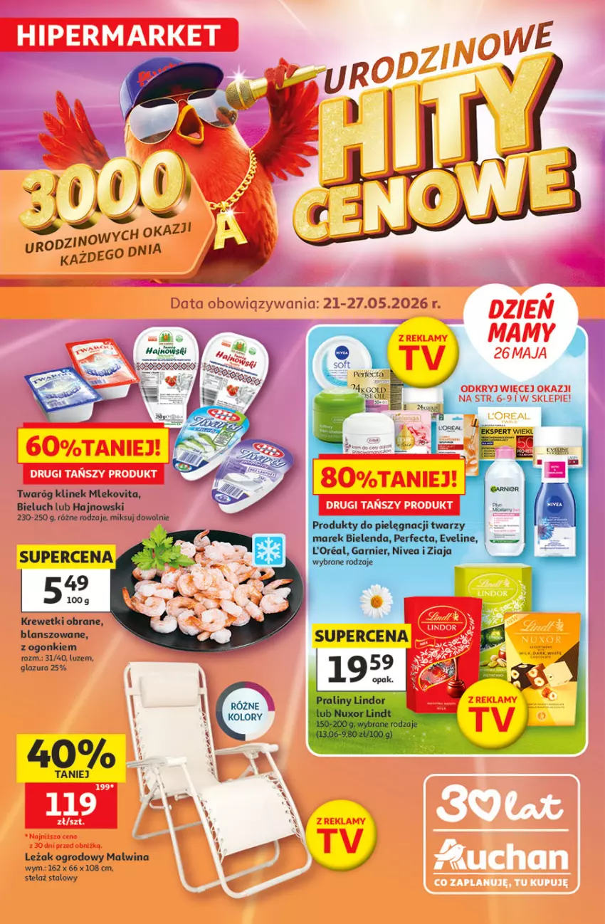 Gazetka promocyjna Auchan - 30 Lat Hipermarket - ważna 21.05 do 27.05.2026 - strona 1 - produkty: Bieluch, Glazura, Krewetki, Lazur, Mleko, Mlekovita, Perfecta, Twaróg