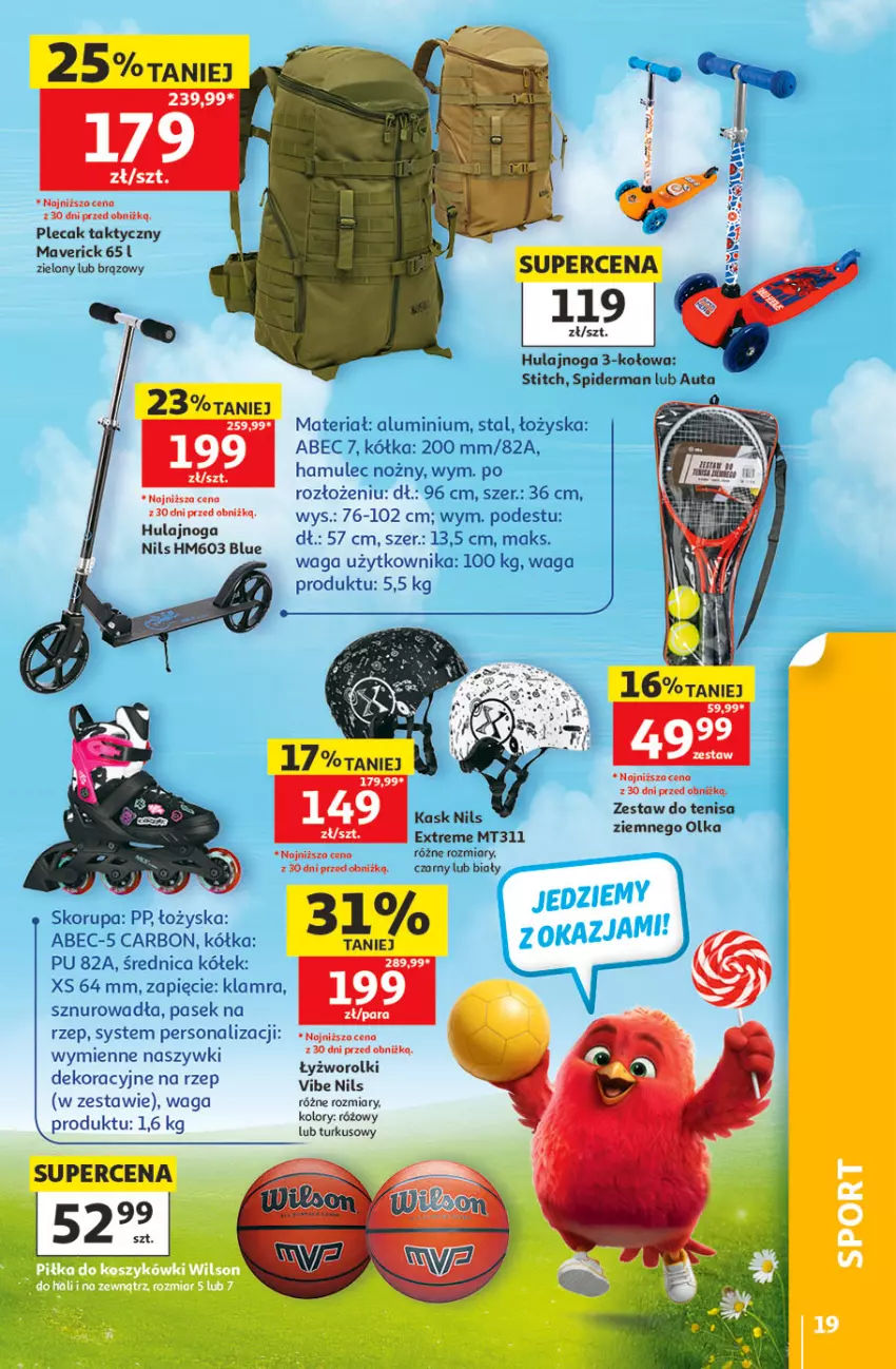 Gazetka promocyjna Auchan - 30 Lat Hipermarket - ważna 21.05 do 27.05.2026 - strona 19 - produkty: Hulajnoga, Kask, Mule, Noż, Pasek, Plecak, Rolki, Spiderman, Waga