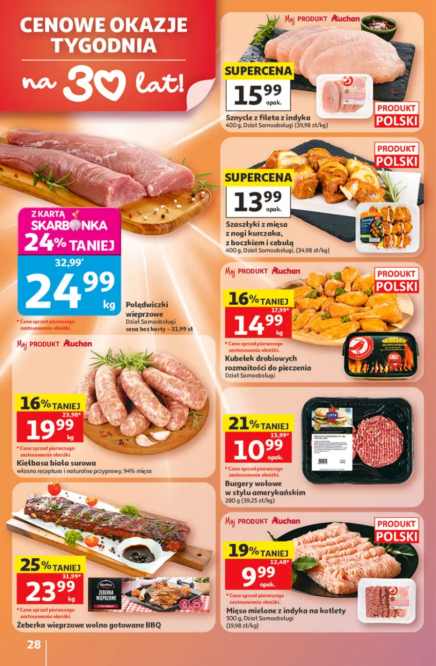 Gazetka promocyjna Auchan - 30 Lat Hipermarket - ważna 21.05 do 27.05.2026 - strona 28 - produkty: Burger, Kiełbasa, Kiełbasa biała, Kotlet, Kurczak, Mięso, Mięso mielone, Piec, Przyprawy
