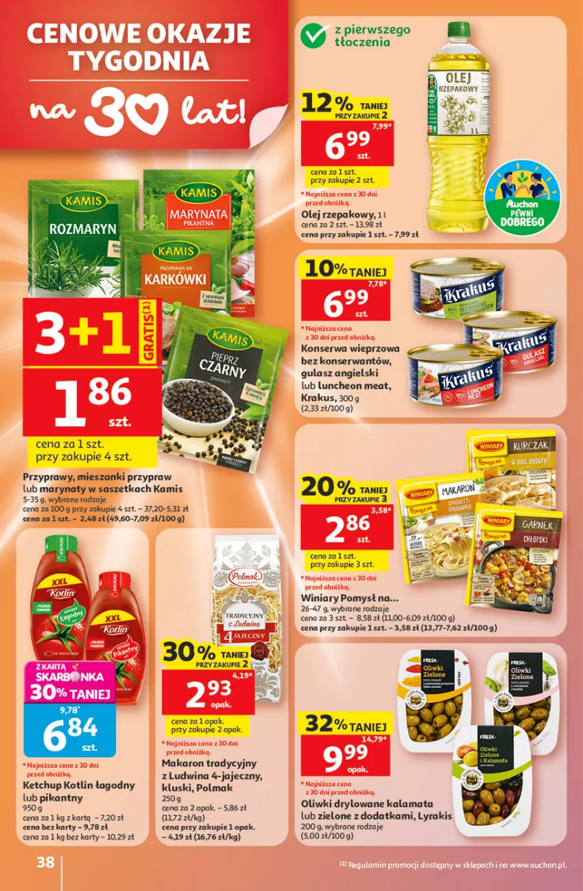 Gazetka promocyjna Auchan - 30 Lat Hipermarket - ważna 21.05 do 27.05.2026 - strona 38 - produkty: Kamis, Ketchup, Kotlin, Krakus, Makaron, Olej, Olej rzepakowy, Oliwki, Olma, Przyprawy, Ser, Winiary