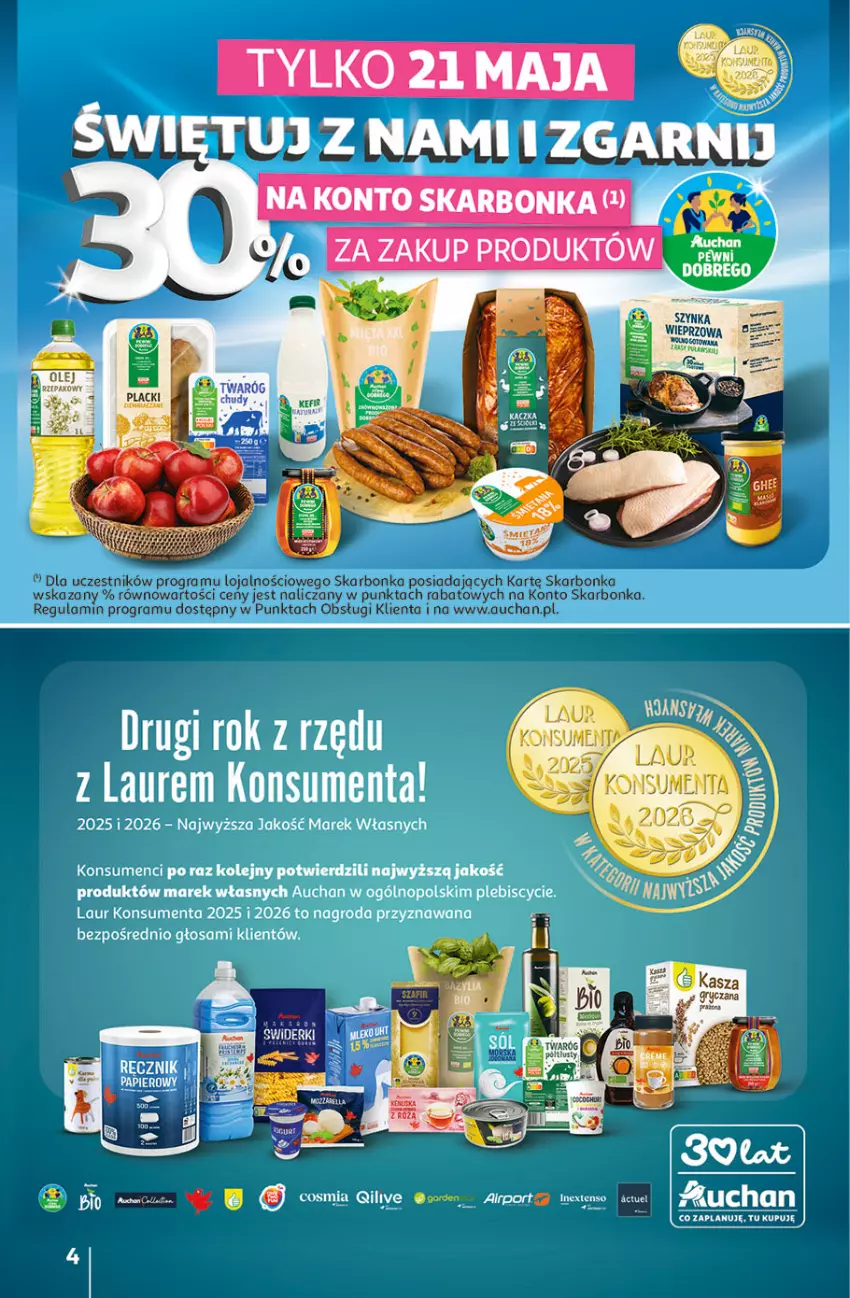 Gazetka promocyjna Auchan - 30 Lat Hipermarket - ważna 21.05 do 27.05.2026 - strona 4 - produkty: Kaczka, Laur, Olej, Ręcznik, Twaróg