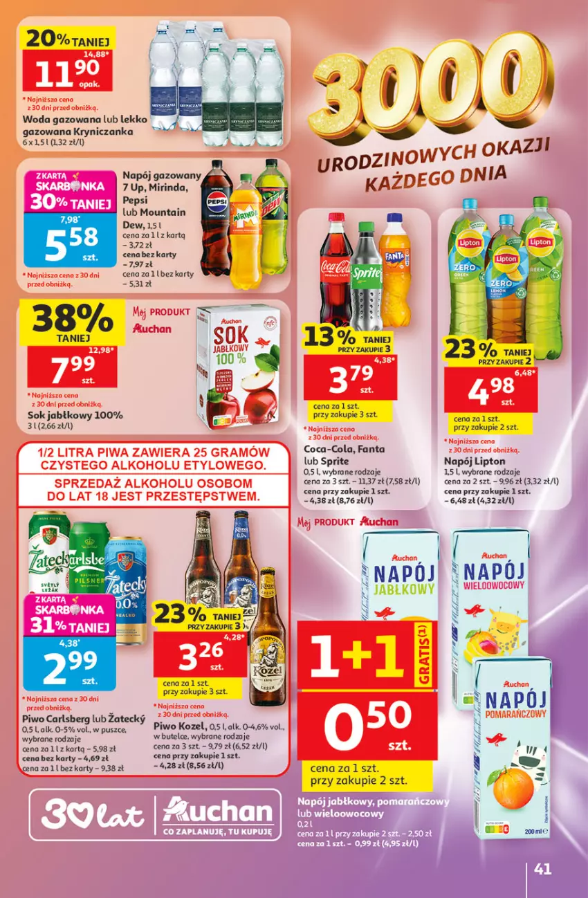Gazetka promocyjna Auchan - 30 Lat Hipermarket - ważna 21.05 do 27.05.2026 - strona 41 - produkty: Carlsberg, Coca-Cola, Fa, Fanta, Kozel, Lipton, Mirinda, Napój, Pepsi, Piwo, Ser, Sok, Sok jabłkowy, Sprite, Woda, Woda gazowana