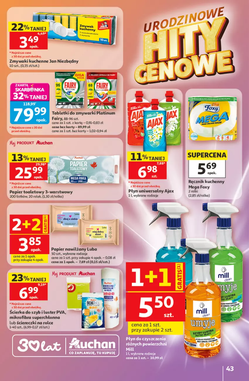 Gazetka promocyjna Auchan - 30 Lat Hipermarket - ważna 21.05 do 27.05.2026 - strona 43 - produkty: Ajax, Fa, Fairy, Foxy, Jan Niezbędny, Papier, Papier toaletowy, Ręcznik, Ręcznik kuchenny, Rolki, Sos, Tablet, Tabletki do zmywarki, Zmywaki kuchenne, Zmywarki