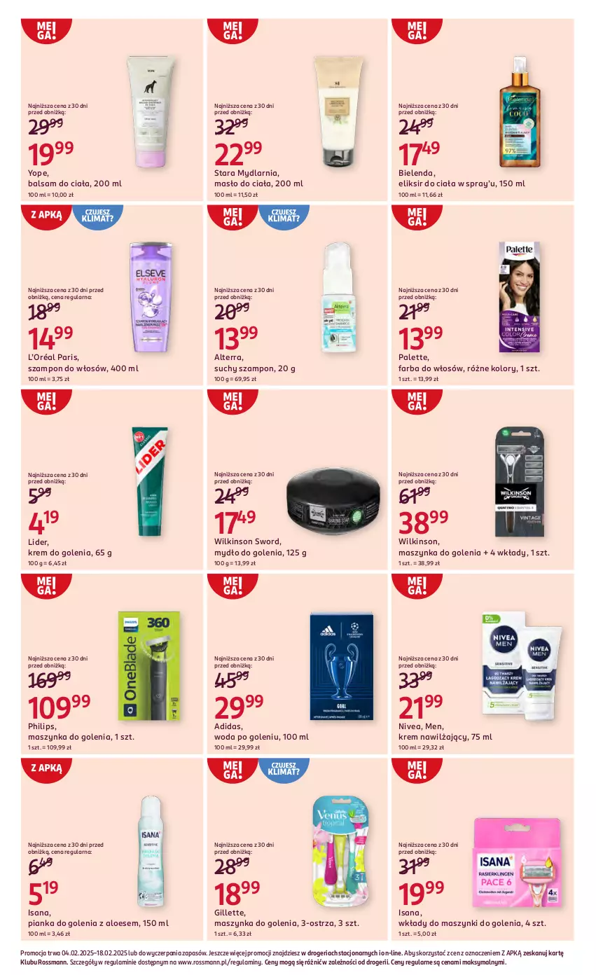 Gazetka promocyjna Rossmann - Od 4 Lutego - ważna 04.02 do 18.02.2025 - strona 10 - produkty: Adidas, Alterra, Balsam do ciała, Bielenda, Fa, Farba do włosów, Gillette, Isana, Krem do golenia, Krem nawilżający, L’Oréal, Masło, Masło do ciała, Maszynka, Maszynka do golenia, Mydło, Nivea, Palette, Philips, Pianka do golenia, Suchy szampon, Szampon, Szynka, Wilkinson Sword, Woda, Woda po goleniu, Yope