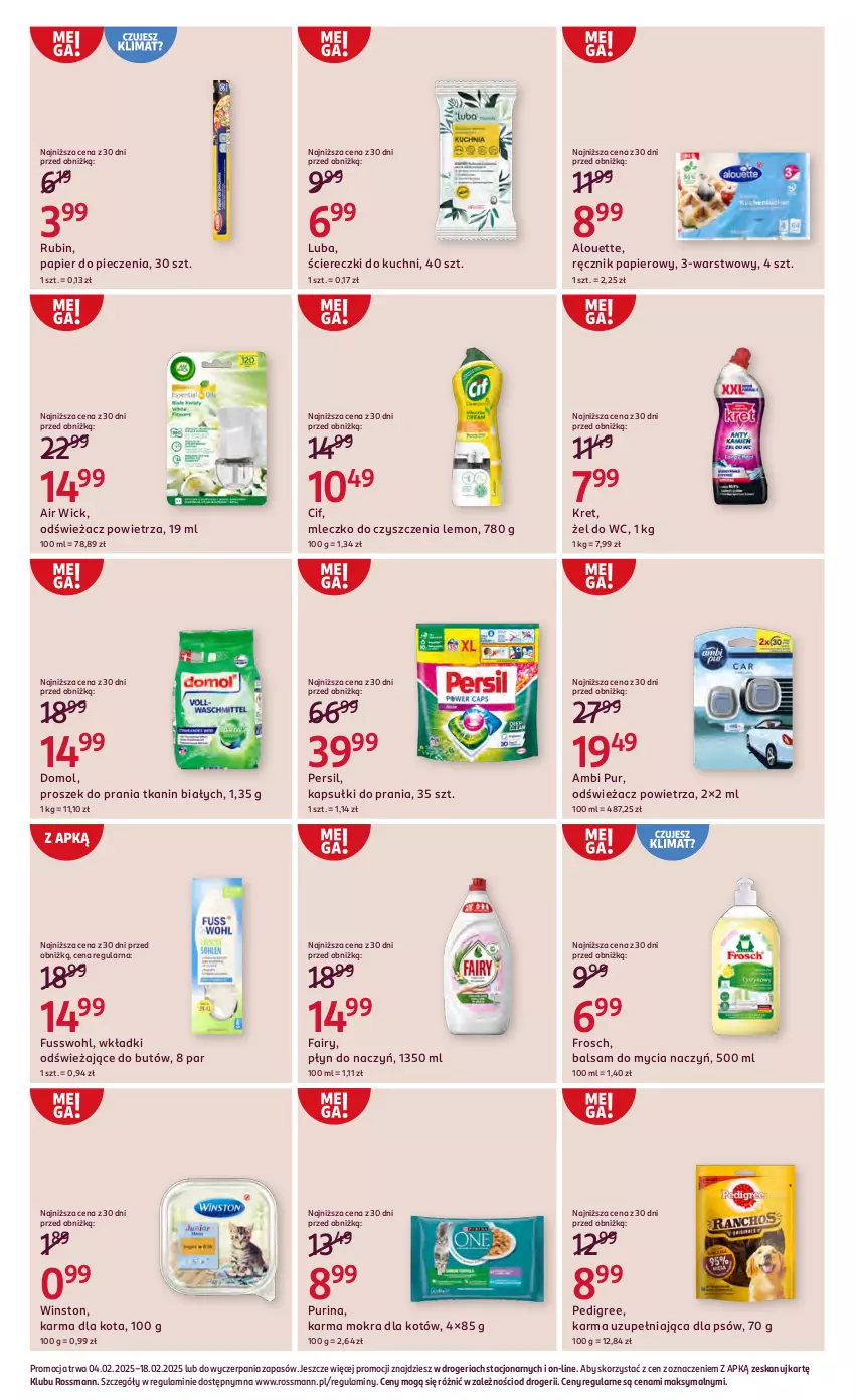 Gazetka promocyjna Rossmann - Od 4 Lutego - ważna 04.02 do 18.02.2025 - strona 11 - produkty: Air Wick, Alouette, Ambi Pur, Balsam do mycia naczyń, Cif, Do mycia naczyń, Domol, Fa, Fairy, Frosch, Kapsułki do prania, Karma mokra dla kotów, Kret, Mleczko, Odświeżacz powietrza, Papier, Papier do pieczenia, Pedigree, Persil, Piec, Proszek do prania, Pur, Purina, Ręcznik, Rubin, Winston, Wkładki