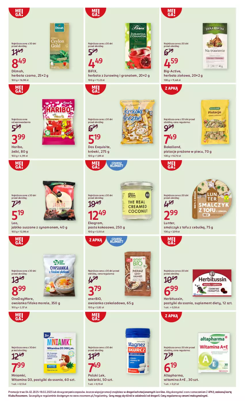 Gazetka promocyjna Rossmann - Od 4 Lutego - ważna 04.02 do 18.02.2025 - strona 12 - produkty: Bakalland, Dilmah, Enerbio, Exquisite, Gra, Granat, Haribo, Herbata, Herbata czarna, Kokos, Mniamki, Owsianka, Pastylki, Piec, Pistacje, Suplement diety, Tablet, Tofu