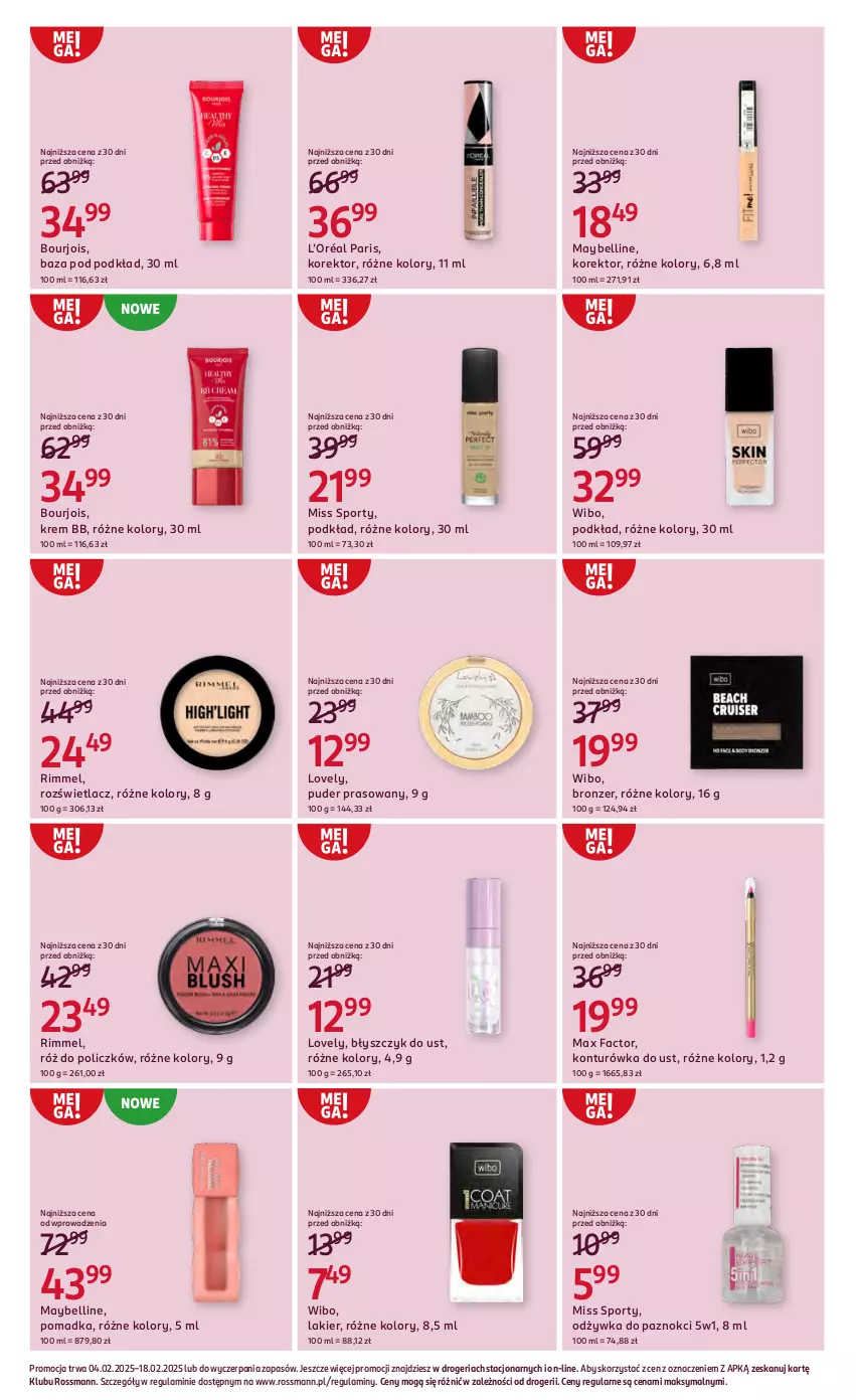 Gazetka promocyjna Rossmann - Od 4 Lutego - ważna 04.02 do 18.02.2025 - strona 4 - produkty: Bell, Błyszczyk do ust, Bourjois, Bronzer, Fa, Konturówka do ust, Krem bb, L’Oréal, Lakier, Lovely, Max Factor, Maybelline, Miss Sporty, Odżywka, Podkład, Por, Puder, Puder prasowany, Róż do policzków, Rozświetlacz, Sport, Wibo