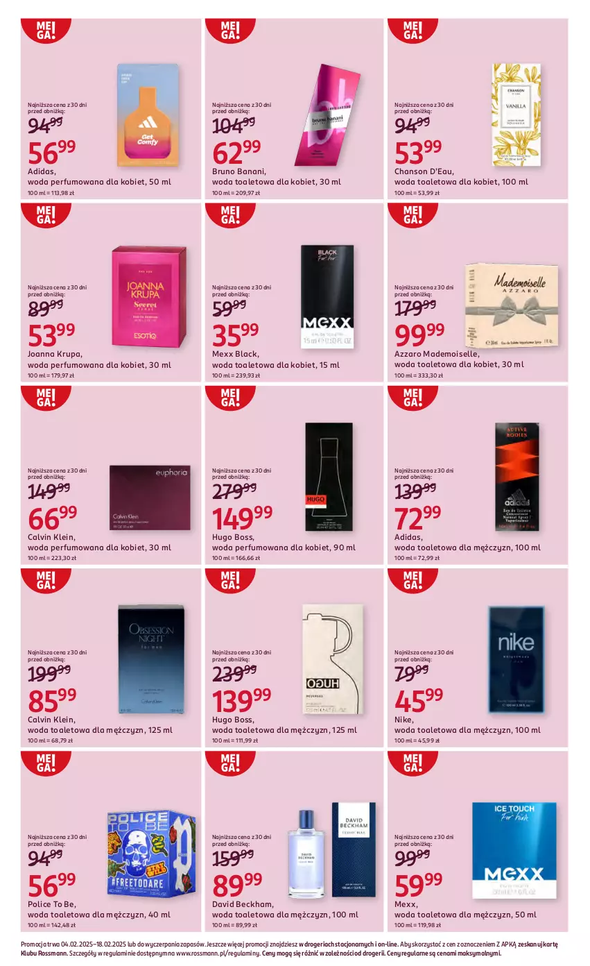 Gazetka promocyjna Rossmann - Od 4 Lutego - ważna 04.02 do 18.02.2025 - strona 5 - produkty: Adidas, Azzaro, Bruno Banani, Calvin Klein, Chanson d’eau, David Beckham, Hugo Boss, Joanna, Joanna Krupa, Lack, Mexx, Nike, Perfum, Woda, Woda perfumowana, Woda toaletowa