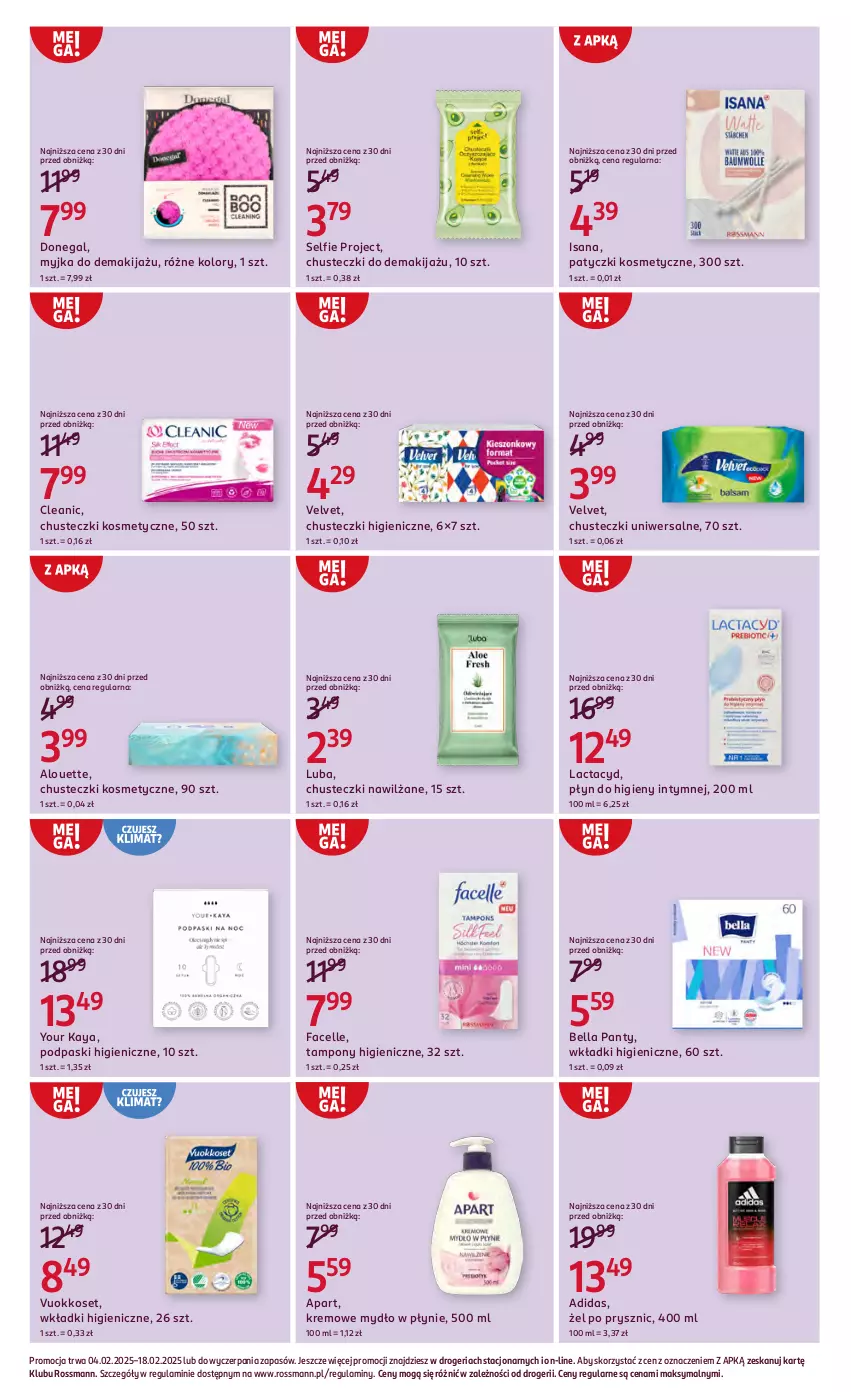 Gazetka promocyjna Rossmann - Od 4 Lutego - ważna 04.02 do 18.02.2025 - strona 6 - produkty: Adidas, Alouette, Bell, Bella, Chusteczki, Chusteczki kosmetyczne, Cleanic, Fa, Facelle, Isana, Lactacyd, Makijaż, Mydło, Mydło w płynie, Patyczki kosmetyczne, Płyn do higieny intymnej, Podpaski, Tampony, Velvet, Wkładki