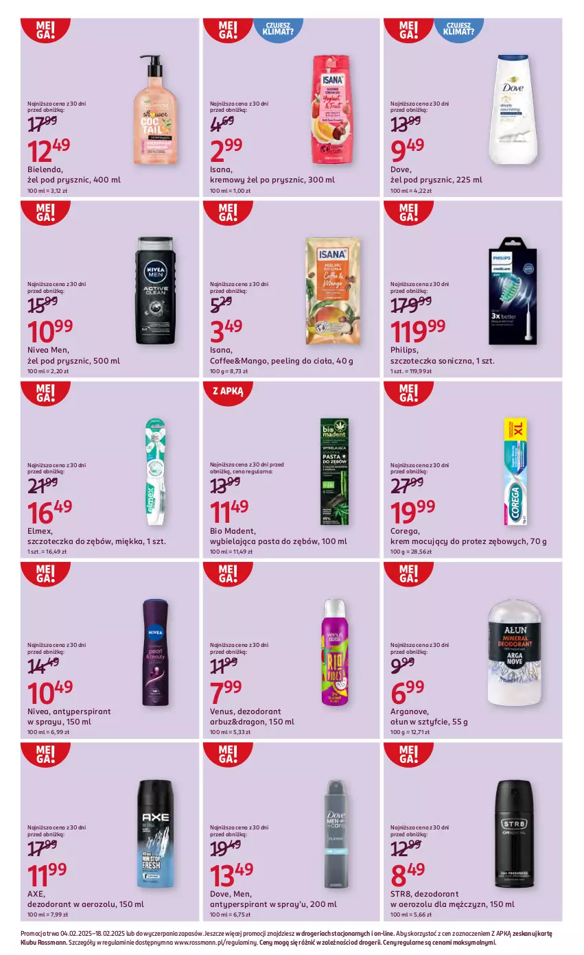 Gazetka promocyjna Rossmann - Od 4 Lutego - ważna 04.02 do 18.02.2025 - strona 7 - produkty: Antyperspirant, Arbuz, Bielenda, Corega, Dezodorant, Dove, Elmex, Isana, Mango, Nivea, Nivea Men, Pasta do zębów, Peeling, Philips, Str8, Szczoteczka, Szczoteczka do zębów, Szczoteczka soniczna, Venus