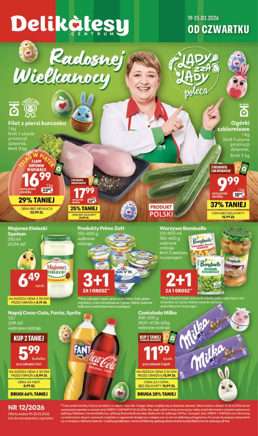 Gazetka promocyjna Delikatesy Centrum - Franczyza DC12 Czwartek - ważna 19.03 do 25.03.2026 - strona 1 - produkty: Bonduelle, Coca-Cola, Czekolada, Fa, Fanta, Filet z piersi kurczaka, Kurczak, Milka, Napój, Por, Rama, Rum, Sprite, Tran, Warzywa, Zott