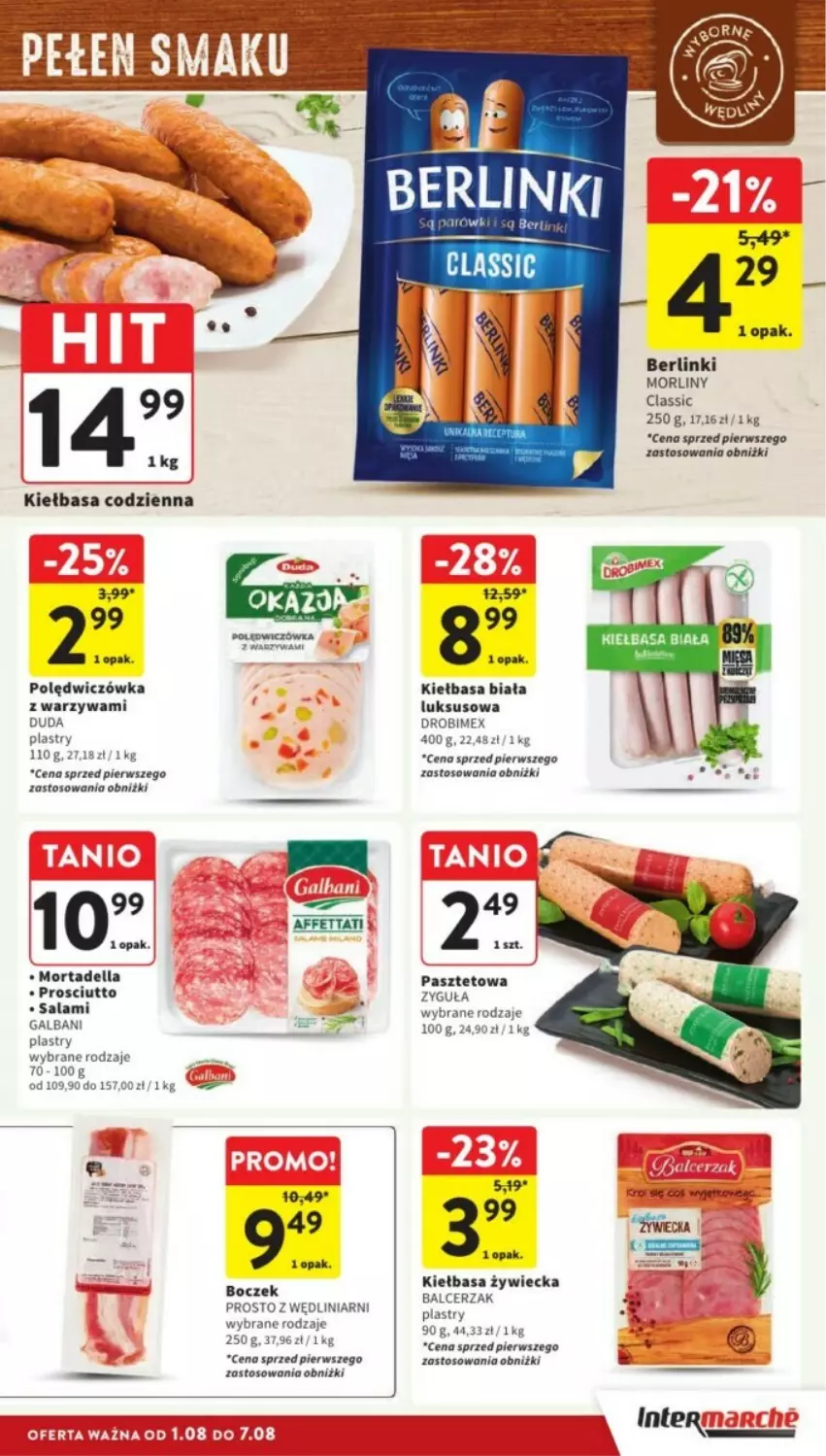 Gazetka promocyjna Intermarche - ważna 05.08 do 07.08.2024 - strona 10 - produkty: Berlinki, Boczek, Dell, Drobimex, Duda, Galbani, Kiełbasa, Kiełbasa biała, Morliny, Mortadella, Pasztet, Prosciutto, Salami, Warzywa