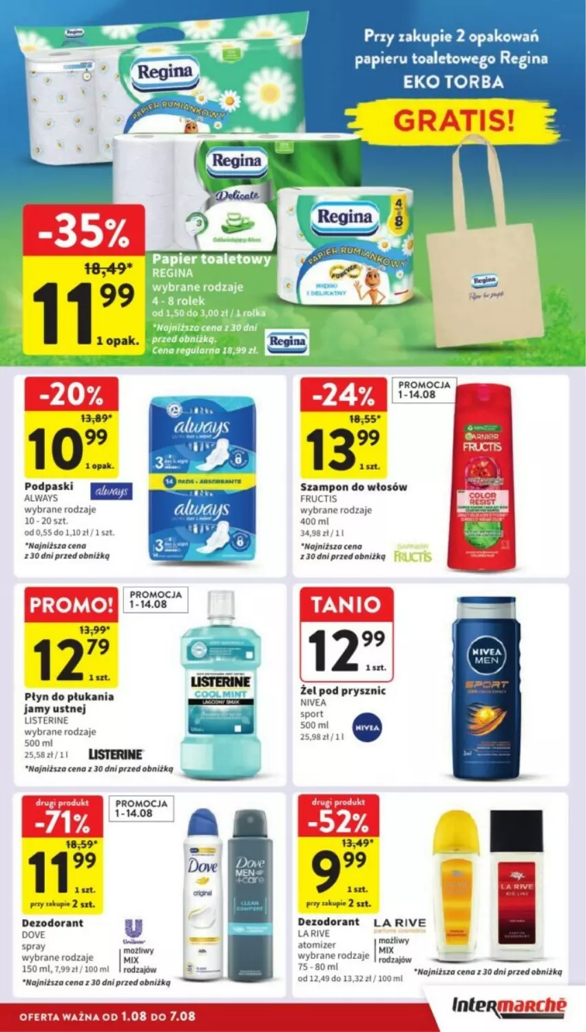 Gazetka promocyjna Intermarche - ważna 05.08 do 07.08.2024 - strona 32 - produkty: Always, Dezodorant, Dove, Fructis, Gin, Gra, Listerine, Nivea, Papier, Płyn do płukania, Płyn do płukania jamy ustnej, Podpaski, Por, Sport, Szampon, Torba