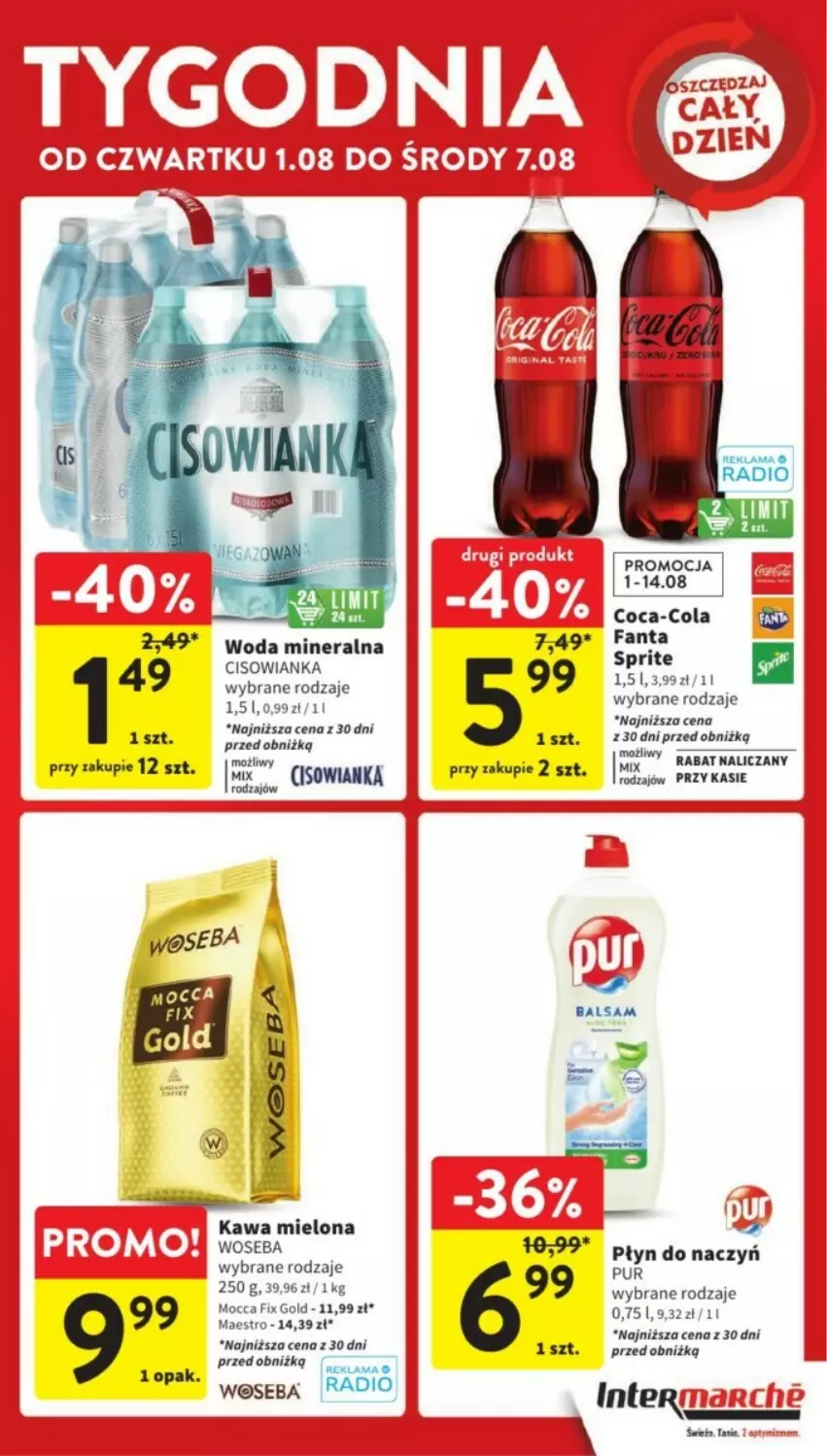 Gazetka promocyjna Intermarche - ważna 05.08 do 07.08.2024 - strona 39 - produkty: Cisowianka, Coca-Cola, Fa, Fanta, Kawa, Kawa mielona, Mocca Fix Gold, Pur, Sprite, Woda, Woda mineralna, Woseba