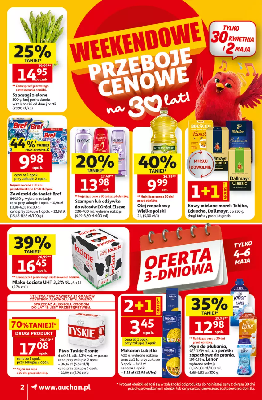 Gazetka promocyjna Auchan - 30 Lat Supermarket - ważna 29.04 do 06.05.2026 - strona 2 - produkty: Bell, Bella, Bref, Dallmayr, Elseve, Gra, Lenor, Lubella, Makaron, Mleko, Odżywka, Olej, Olej rzepakowy, Piwa, Płyn do płukania, Szampon, Tchibo, Tyskie, Zawieszki