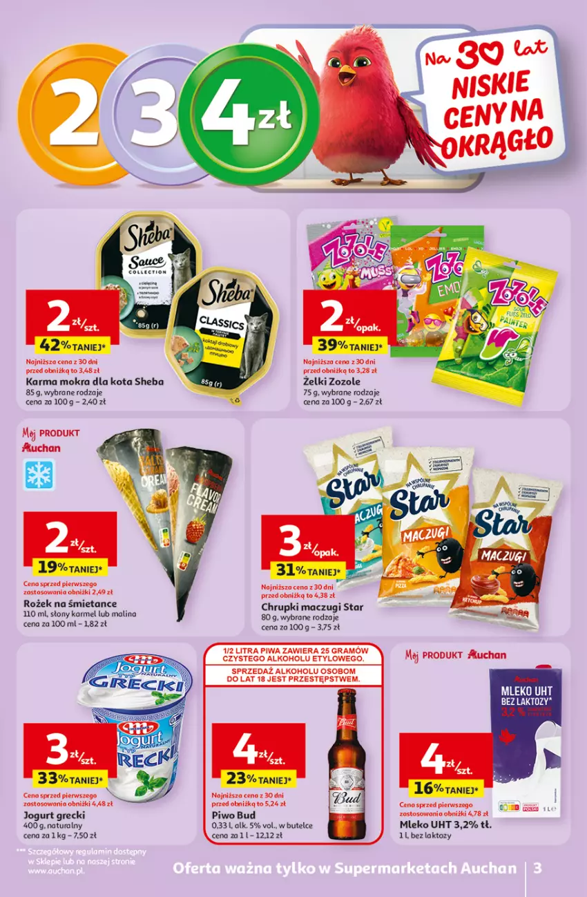 Gazetka promocyjna Auchan - 30 Lat Supermarket - ważna 29.04 do 06.05.2026 - strona 3 - produkty: Chrupki, Fa, Gra, Mleko, Piwa, Piwo, Sheba, Top