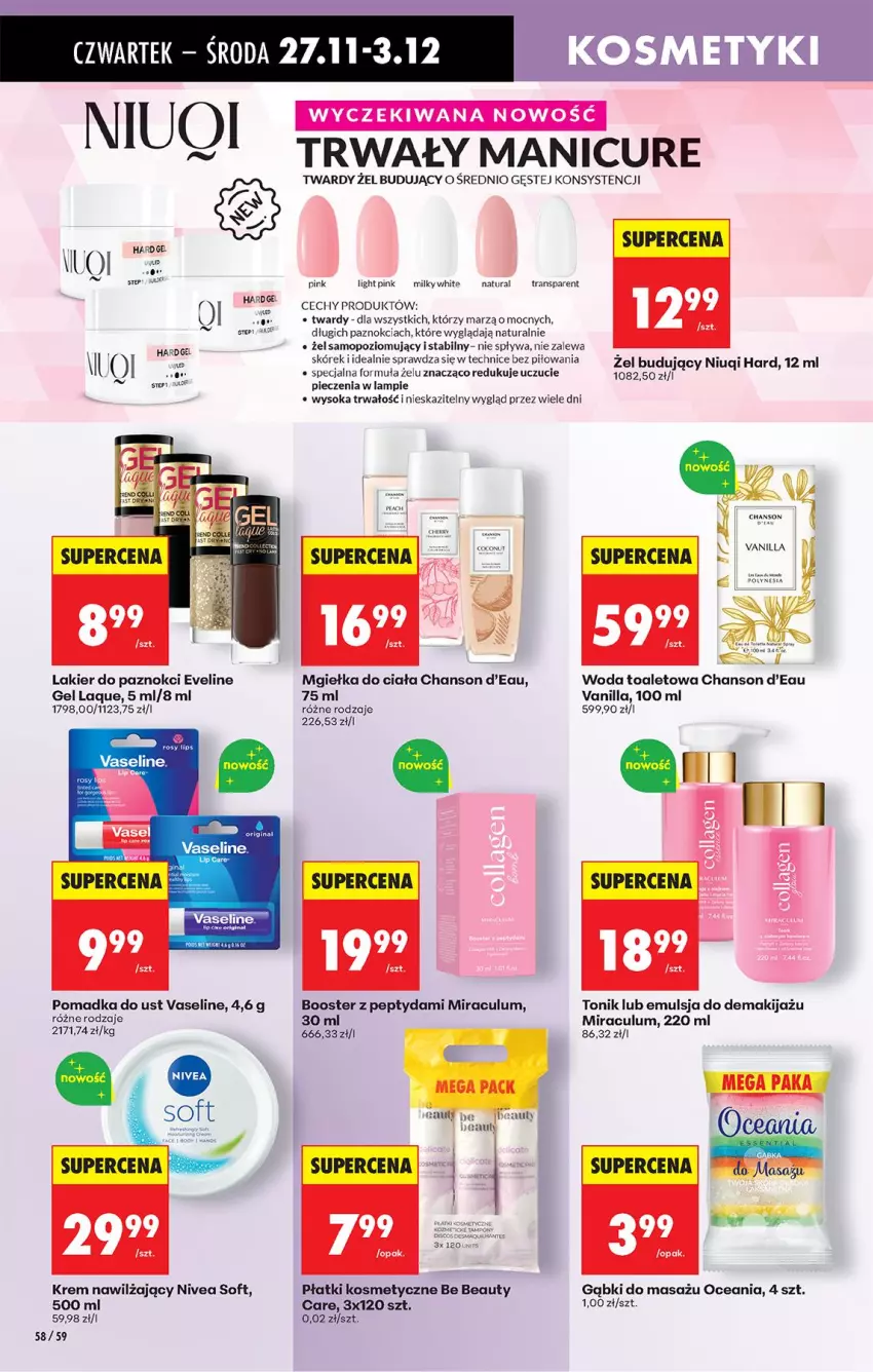 Gazetka promocyjna Biedronka - Od Czwartku - ważna 27.11 do 03.12.2025 - strona 74 - produkty: Be Be, Booster, Emulsja, Eveline, Gin, Krem nawilżający, Lakier, Lakier do paznokci, Makijaż, Mop, Niuqi, Nivea, Piec, Płatki kosmetyczne, Sok, Tonik, Tran, Woda, Woda toaletowa