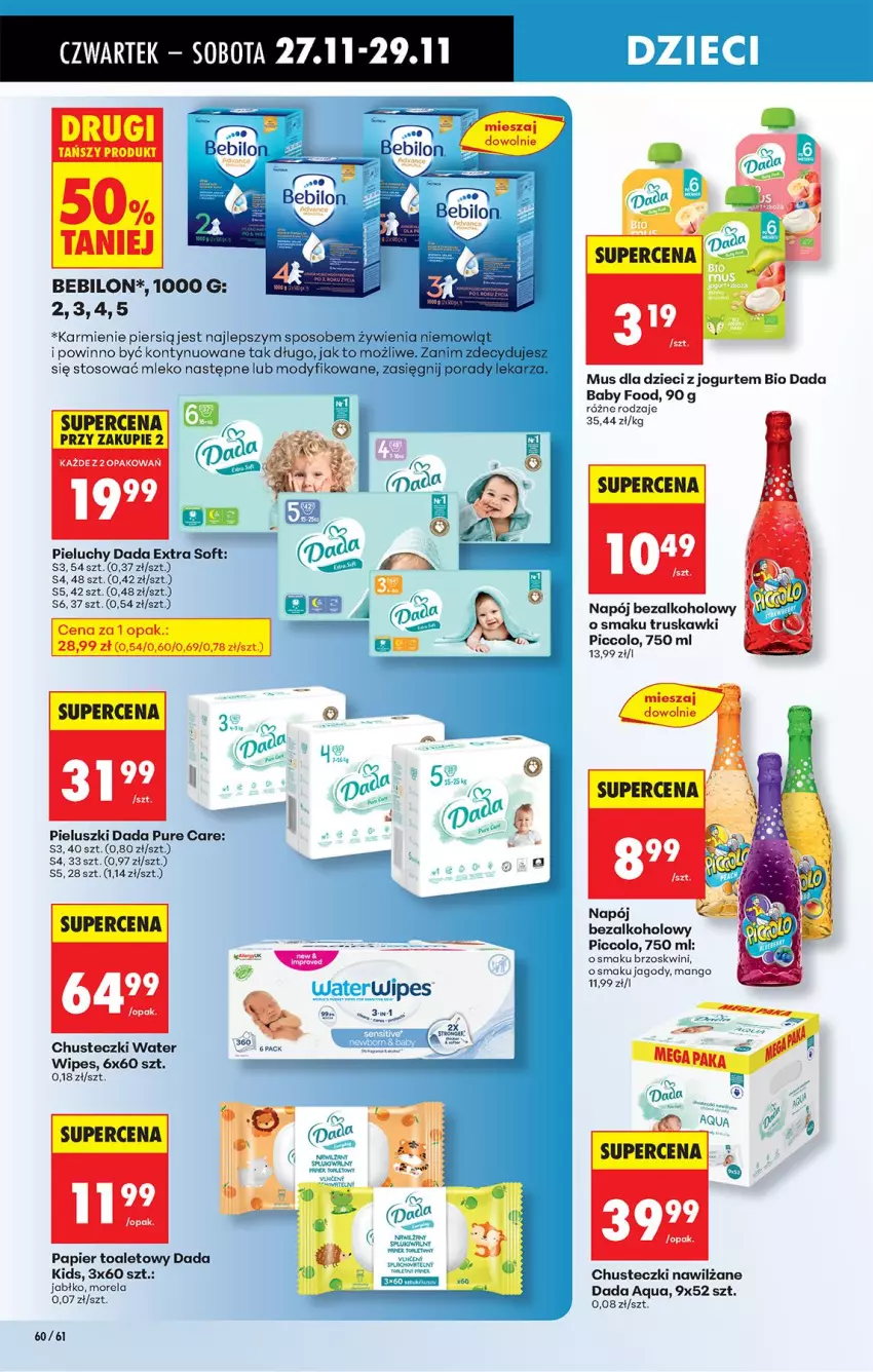 Gazetka promocyjna Biedronka - Od Czwartku - ważna 27.11 do 03.12.2025 - strona 76 - produkty: BEBILON, Chusteczki, Dada, Dzieci, Jagody, Jogurt, Karmi, Mango, Mleko, Morela, Mus, Napój, Napój bezalkoholowy, O nas, Papier, Papier toaletowy, Pieluchy, Por, Pur, Truskawki