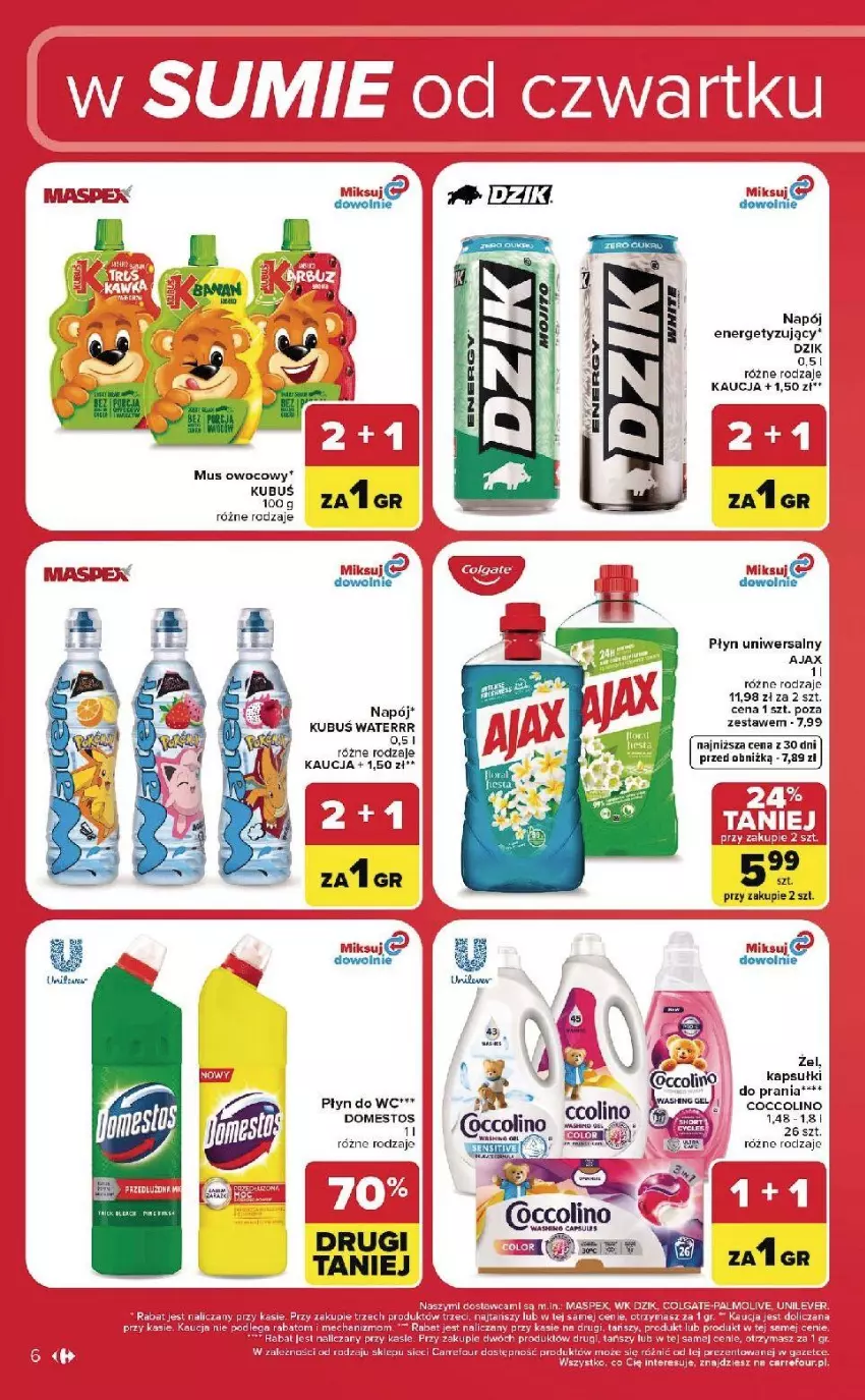 Gazetka promocyjna Carrefour - Gazetka Carrefour, Market w SUMIE od czwartku WEEKEND OKAZJI - ważna 06.08 do 08.08.2026 - strona 6 - produkty: Ajax, Domestos, Fa, Kapsułki do prania, Kubuś, Mus, Napój