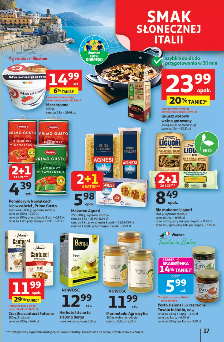 Gazetka promocyjna Auchan - Pewność niskich cen Hipermarket - ważna 31.07 do 06.08.2025 - strona 17 - produkty: Alcon, Ciastka, Fa, Gra, Gres, Gulasz wołowy, Kawa, LG, Makaron, Marmolada, Mascarpone, Mola, Pesto, Pomidory, Pomidory w kawałkach
