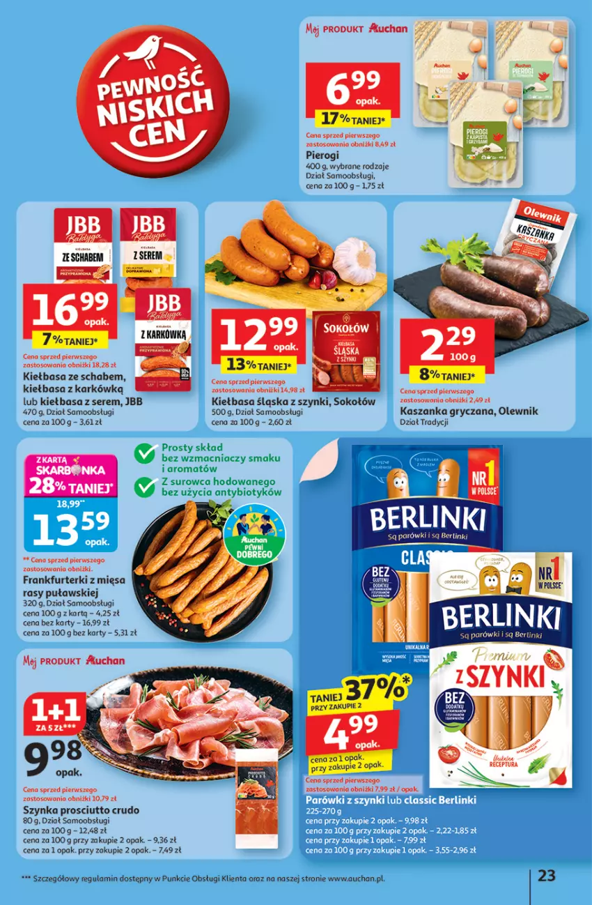 Gazetka promocyjna Auchan - Pewność niskich cen Hipermarket - ważna 31.07 do 06.08.2025 - strona 23 - produkty: Fa, Frankfurterki, Gry, Kasza, Kaszanka, Kiełbasa, Kiełbasa śląska, Olewnik, Parówki, Pierogi, Por, Prosciutto, Ser, Sok, Sokołów, Szynka