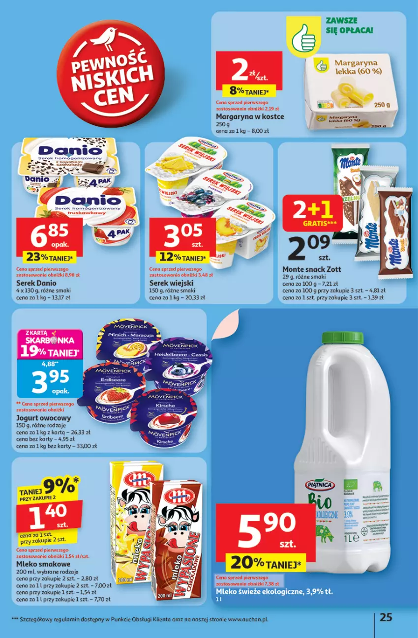 Gazetka promocyjna Auchan - Pewność niskich cen Hipermarket - ważna 31.07 do 06.08.2025 - strona 25 - produkty: Danio, Fa, Jogurt, Jogurt owocowy, Margaryna, Mleko, Mleko smakowe, Monte, Mus, Ser, Serek, Serek wiejski, Zott