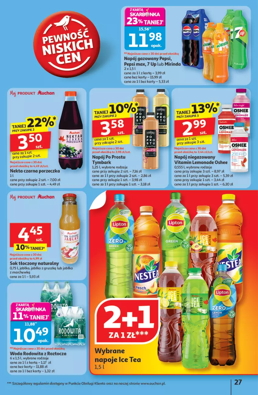 Gazetka promocyjna Auchan - Pewność niskich cen Hipermarket - ważna 31.07 do 06.08.2025 - strona 27 - produkty: Ice tea, Mirinda, Napój, Napój gazowany, Napój niegazowany, Napoje, Oshee, Pepsi, Pepsi max, Por, Sok, Tymbark, Woda