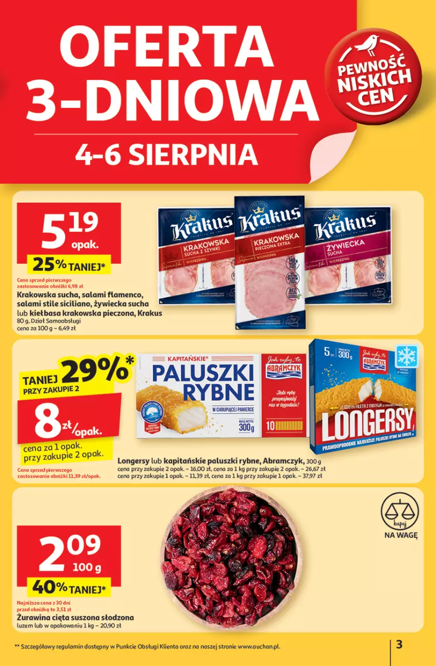 Gazetka promocyjna Auchan - Pewność niskich cen Hipermarket - ważna 31.07 do 06.08.2025 - strona 3 - produkty: Kiełbasa, Kiełbasa krakowska, Krakus, Paluszki rybne, Piec, Salami