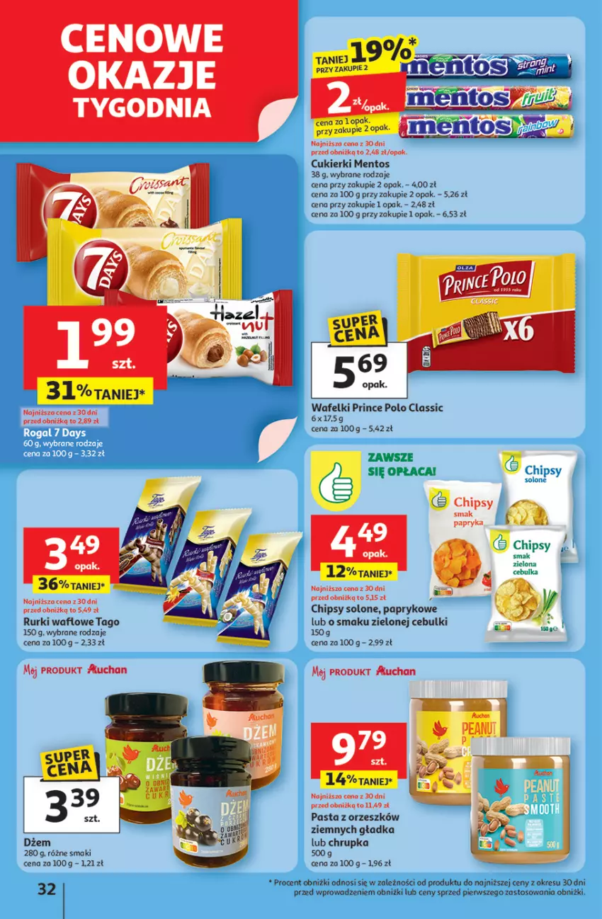 Gazetka promocyjna Auchan - Pewność niskich cen Hipermarket - ważna 31.07 do 06.08.2025 - strona 32 - produkty: Chipsy, Cukier, Cukierki, Dżem, Mentos, Papryka, Prince Polo, Rurki, Tago
