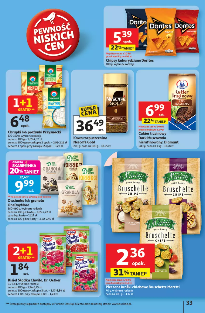 Gazetka promocyjna Auchan - Pewność niskich cen Hipermarket - ważna 31.07 do 06.08.2025 - strona 33 - produkty: Bruschette, Chipsy, Chrupki, Cukier, Cukier trzcinowy, Diamant, Dr. Oetker, Gra, Granola, Kawa, Kawa rozpuszczalna, Kisiel, Mus, Owsianka, Słodka Chwila