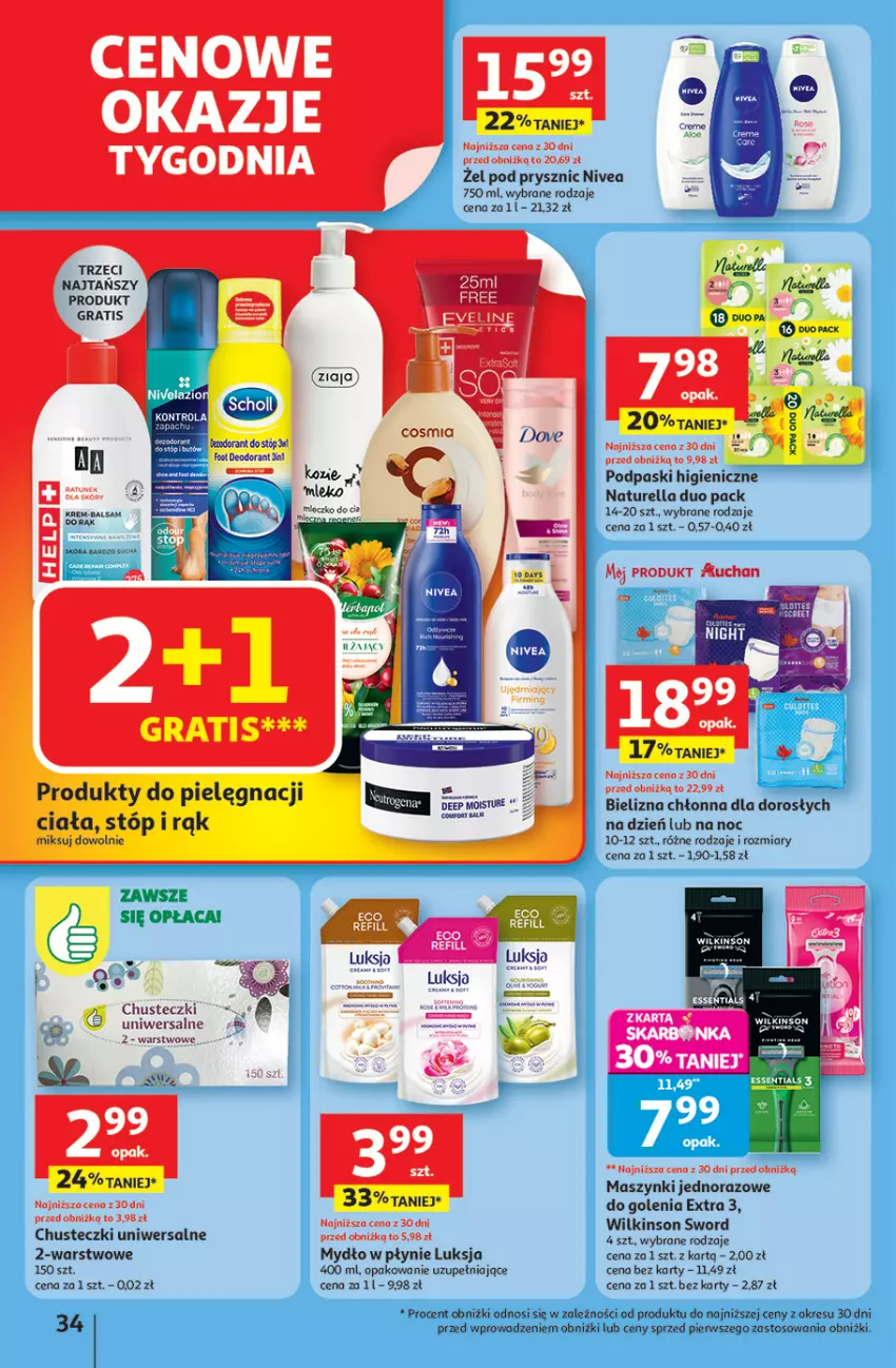 Gazetka promocyjna Auchan - Pewność niskich cen Hipermarket - ważna 31.07 do 06.08.2025 - strona 34 - produkty: Bielizna, Chusteczki, Gra, Luksja, Mleko, Mydło, Mydło w płynie, Naturell, Naturella, Nivea, Podpaski, Top, Wilkinson Sword