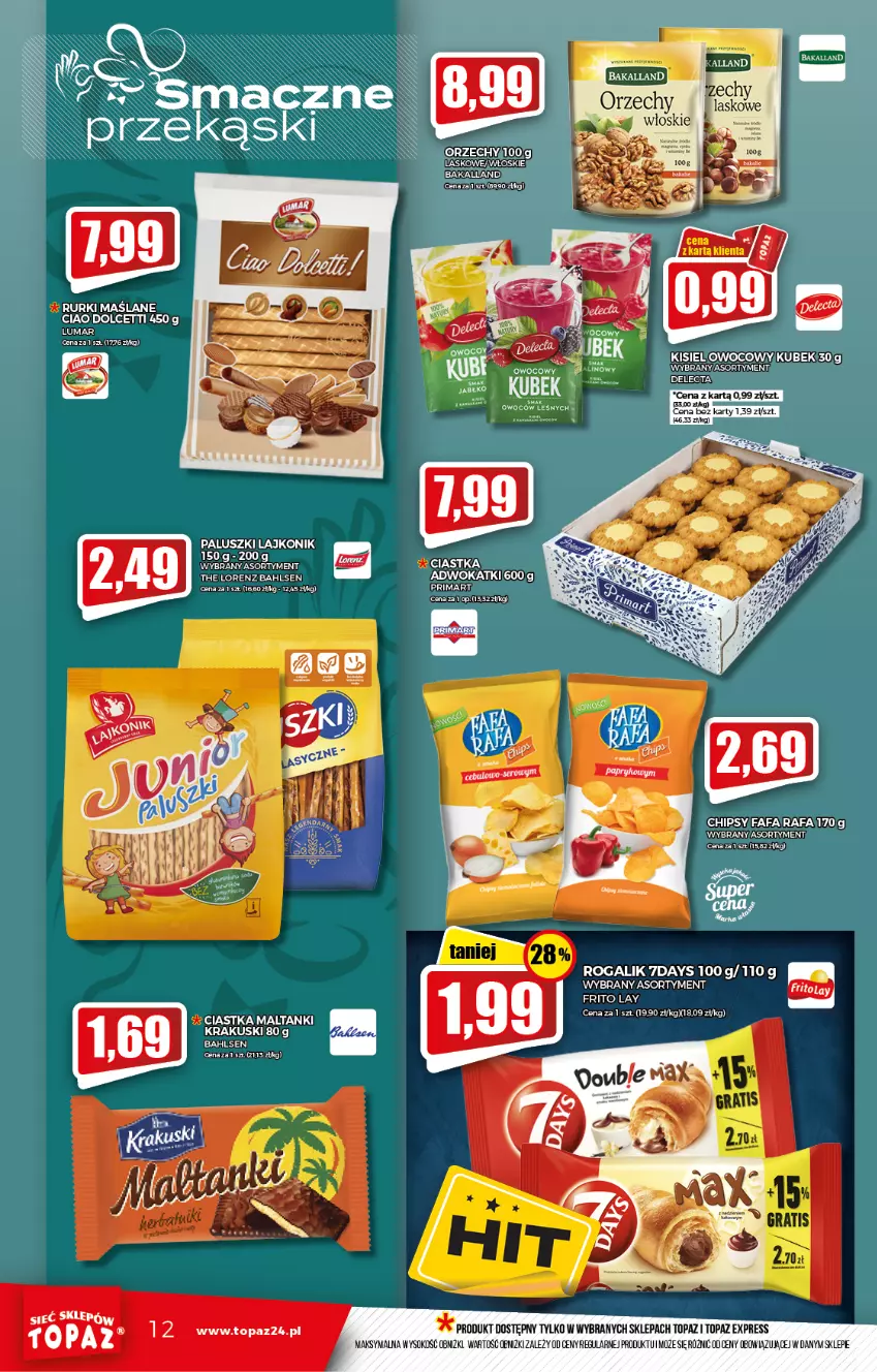 Gazetka promocyjna Topaz - Gazetka - ważna 14.10 do 20.10.2021 - strona 12 - produkty: Chipsy, Ciastka, Delecta, Fa, Kisiel, Krakus, Krakuski, Kubek, Lajkonik, Rogal, Rurki, Sok, Top