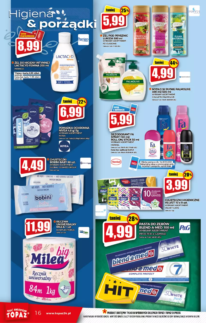 Gazetka promocyjna Topaz - Gazetka - ważna 14.10 do 20.10.2021 - strona 16 - produkty: Blend-a-Med, Chusteczki, Colgate, Dezodorant, Fa, Lactacyd, LG, Luksja, Mydło, Mydło w płynie, Nivea, Palmolive, Pasta do zębów, Ręcznik, Sok, Top, Velvet