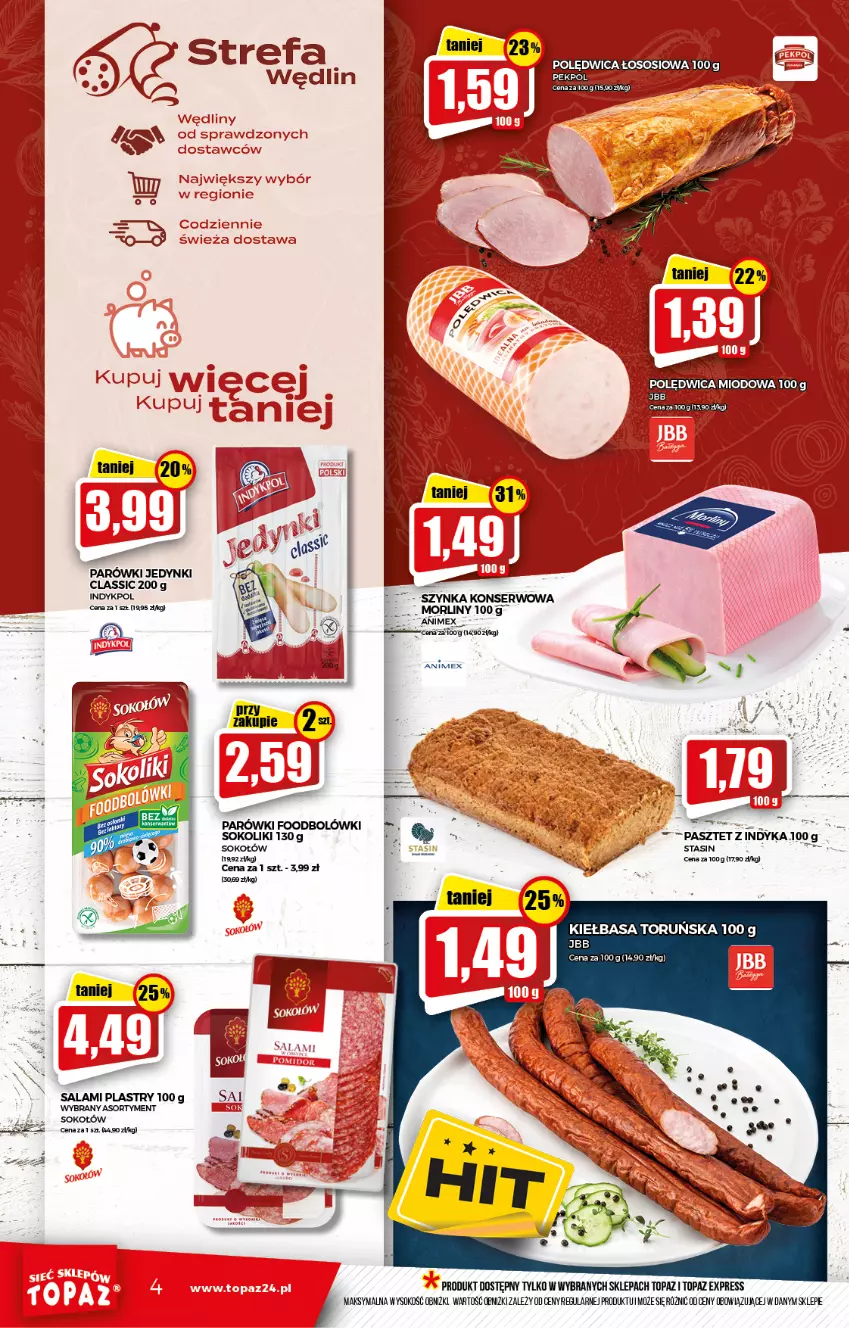 Gazetka promocyjna Topaz - Gazetka - ważna 14.10 do 20.10.2021 - strona 4 - produkty: Fa, Kiełbasa, Pasztet, Polędwica, Salami, Sok, Sokołów, Top