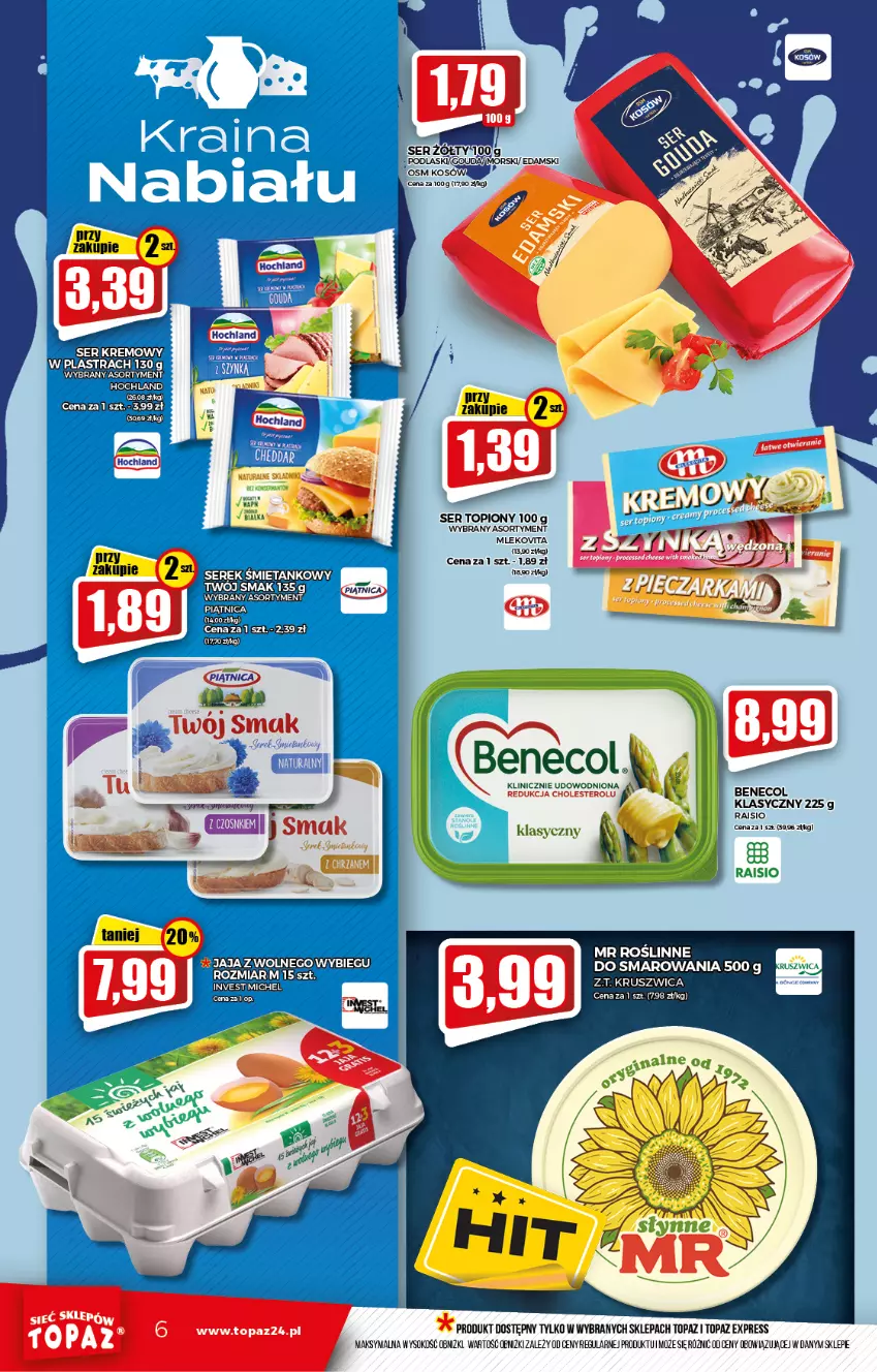 Gazetka promocyjna Topaz - Gazetka - ważna 14.10 do 20.10.2021 - strona 6 - produkty: Benecol, Edam, Gouda, Hochland, Jaja, Jaja z wolnego wybiegu, Mleko, Mlekovita, Piątnica, Piec, Podlaski, Por, Ser, Ser topiony, Sok, Top