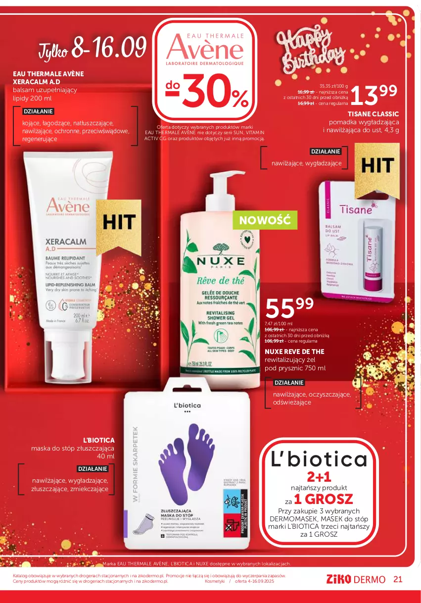 Gazetka promocyjna Ziko - Gazetka Ziko Dermo - ważna 04.09 do 16.09.2025 - strona 21 - produkty: Avène, L'Biotica, Maska, Maska do stóp, Nuxe, Ser, XeraCalm
