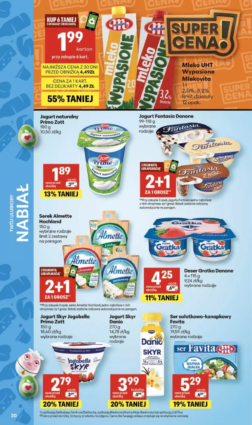 Gazetka promocyjna Delikatesy Centrum - Franczyza DC13 Czwartek - ważna 26.03 do 01.04.2026 - strona 20 - produkty: Almette, Bell, Bella, Danio, Danone, Deser, Fa, Fanta, Favita, Gra, Hochland, Jogobella, Jogurt, Jogurt naturalny, Mleko, Mlekovita, Rum, Sałat, Ser, Ser sałatkowo-kanapkowy, Serek, Zott