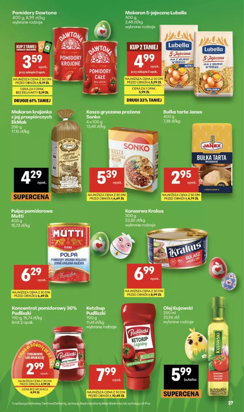 Gazetka promocyjna Delikatesy Centrum - Franczyza DC13 Czwartek - ważna 26.03 do 01.04.2026 - strona 27 - produkty: Bell, Bella, Dawtona, Gry, Kasza, Kasza gryczana, Ketchup, Koncentrat pomidorowy, Krakus, Kujawski, Lubella, Makaron, Olej, Pomidory, Pudliszki, Pulpa pomidorowa, Rum, Ser