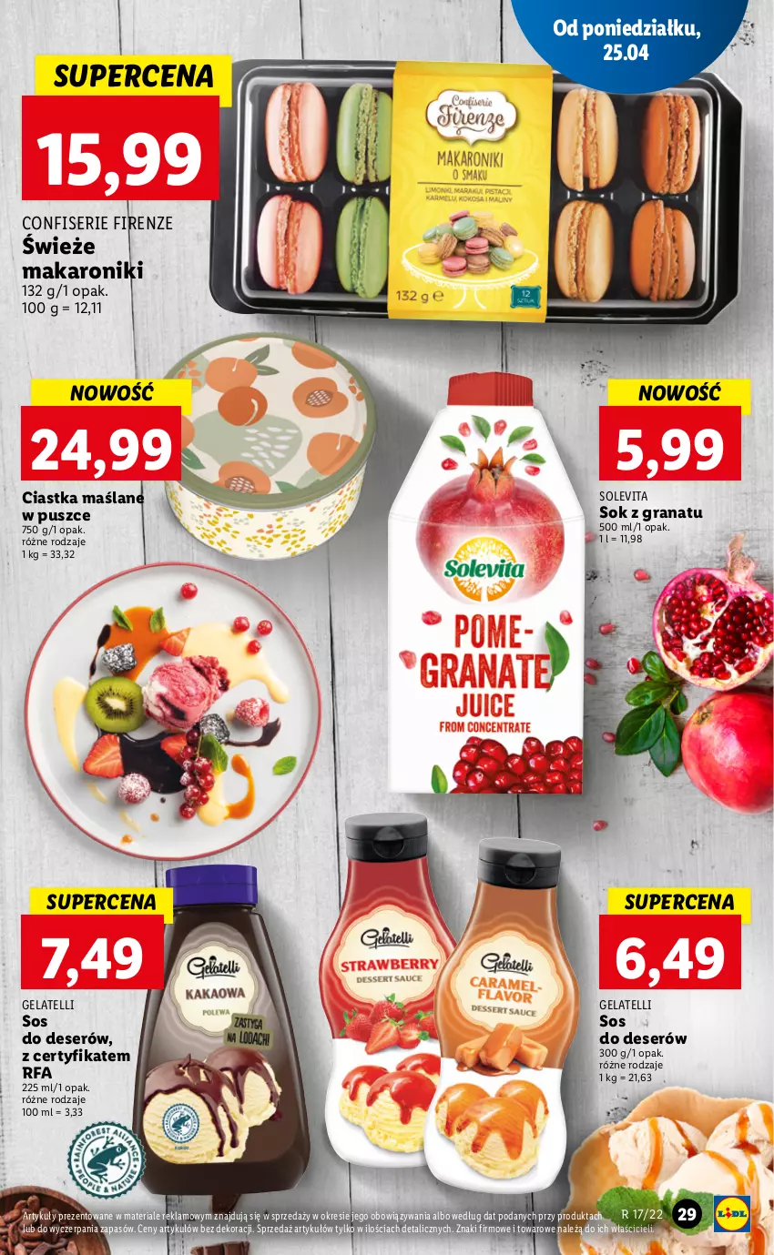 Gazetka promocyjna Lidl - GAZETKA - ważna 25.04 do 27.04.2022 - strona 29 - produkty: Ciastka, Deser, Fa, Gra, Granat, Makaron, Ser, Sok, Sos