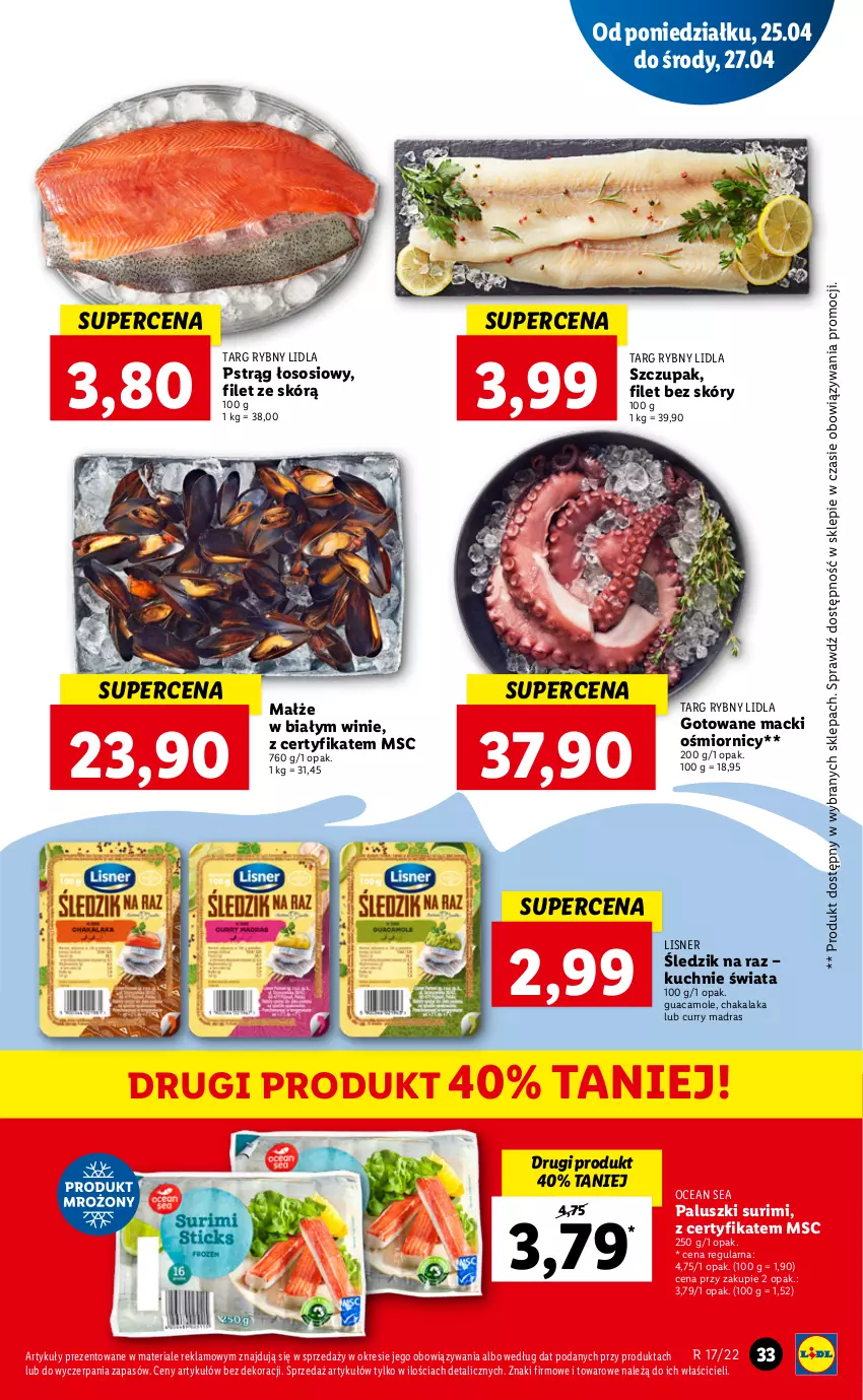 Gazetka promocyjna Lidl - GAZETKA - ważna 25.04 do 27.04.2022 - strona 33 - produkty: Amol, Lisner, Małże, Pstrąg, Pstrąg łososiowy, Sos, Surimi, Zupa