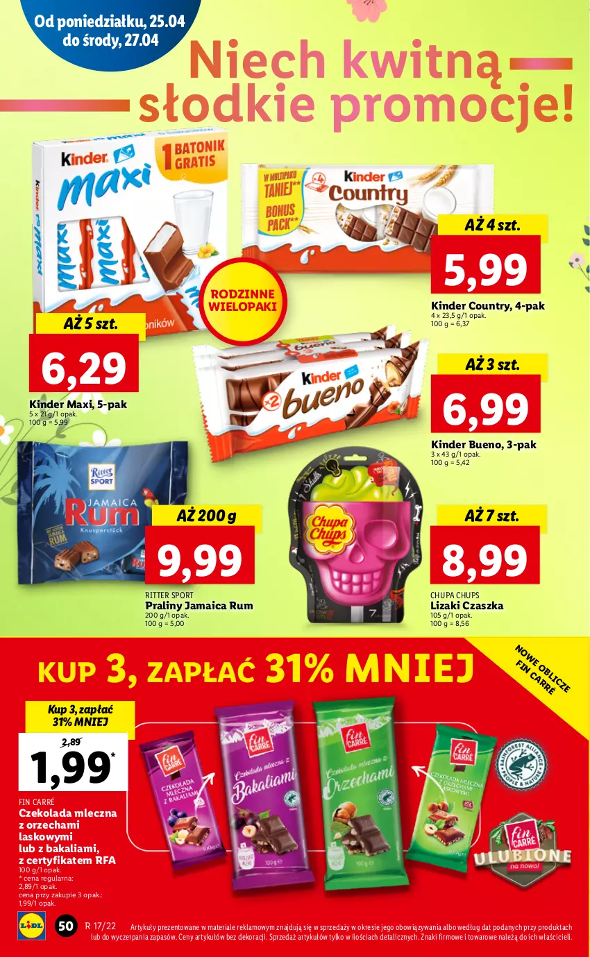 Gazetka promocyjna Lidl - GAZETKA - ważna 25.04 do 27.04.2022 - strona 50 - produkty: Chupa Chups, Czekolada, Czekolada mleczna, Fa, Kinder, Kinder Bueno, Lizaki, Por, Praliny, Ritter Sport, Rum, Sport