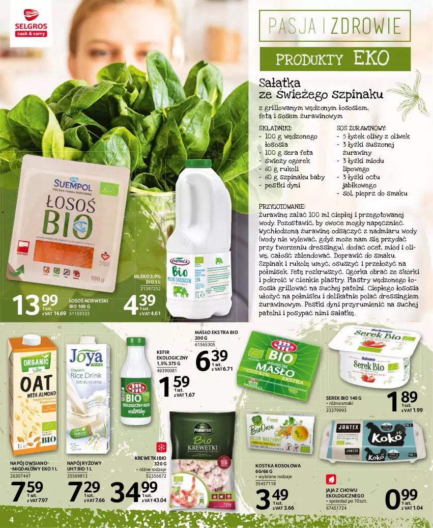 Gazetka promocyjna Selgros - Katalog Pasja i Zdrowie - ważna 24.06 do 07.07.2021 - strona 4 - produkty: Dres, Feta, Grill, Jaja, Kefir, Krewetki, Masło, Miód, Mleko, Napój, Ocet, Ogórek, Owoce, Pestki dyni, Pieprz, Rum, Ryż, Sałat, Sałatka, Ser, Serek, Sól, Sos, Szpinak, Wino