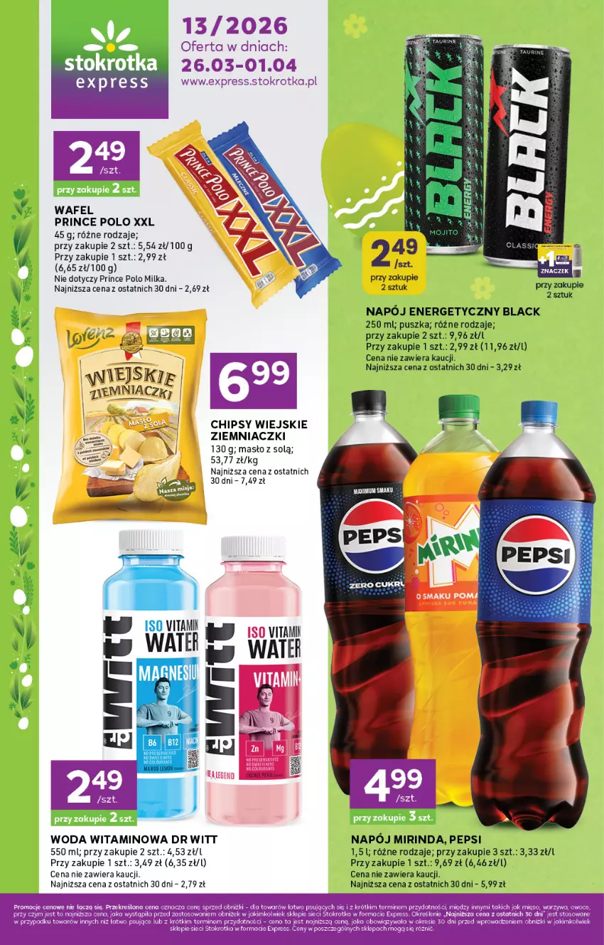 Gazetka promocyjna Stokrotka - Stokrotka Express - ważna 26.03 do 01.04.2026 - strona 1 - produkty: Chipsy, Lack, Masło, Mięso, Milka, Mirinda, Napój, Napój energetyczny, Pepsi, Prince Polo, Sok, Woda