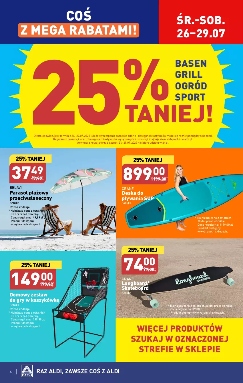 Gazetka promocyjna Aldi - Artykuły przemysłowe i tekstylia - ważna 26.07 do 29.07.2023 - strona 4 - produkty: Grill, Gry, Kosz, Ogród, Parasol, Por, Skateboard, Sport